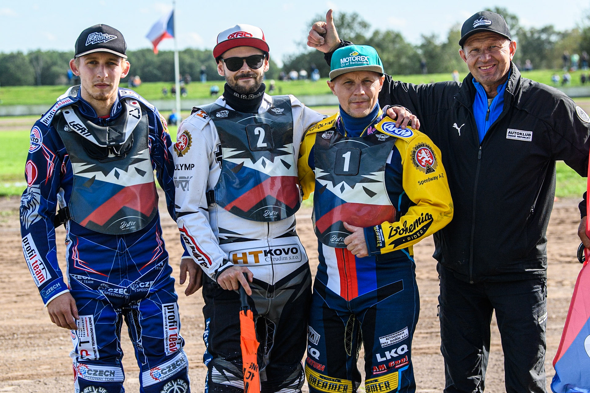 Czechia: (L to R) Jan Macek, Hynek Stichauer, Josef Franc , Czech Team Manager Zdenek Schneiderwind during the FIM Long Track Of Nations event at the Speed Centre Roden on Sunday 24th September 2023. (Photo: Ian Charles | MI News)