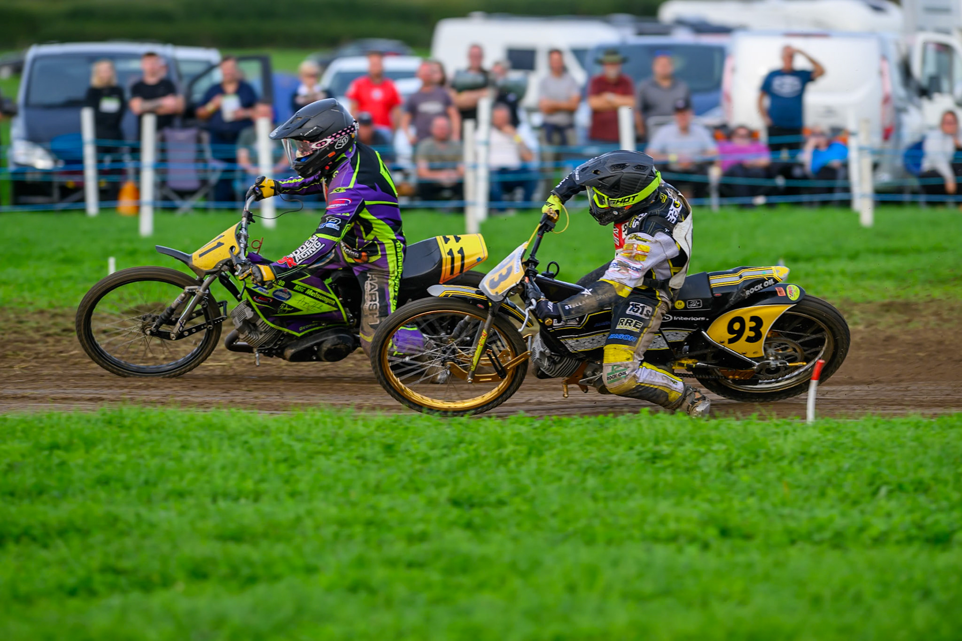 British Masters (Solos): Paul Cooper (11) rides outside James Shanes (93) during the British Masters Grasstrack Championship at Lower Marsh Farm, Much Hoole, Preston in Lancashire, England on Sunday 13th September 2026. (Photo: Ian Charles | MI News)