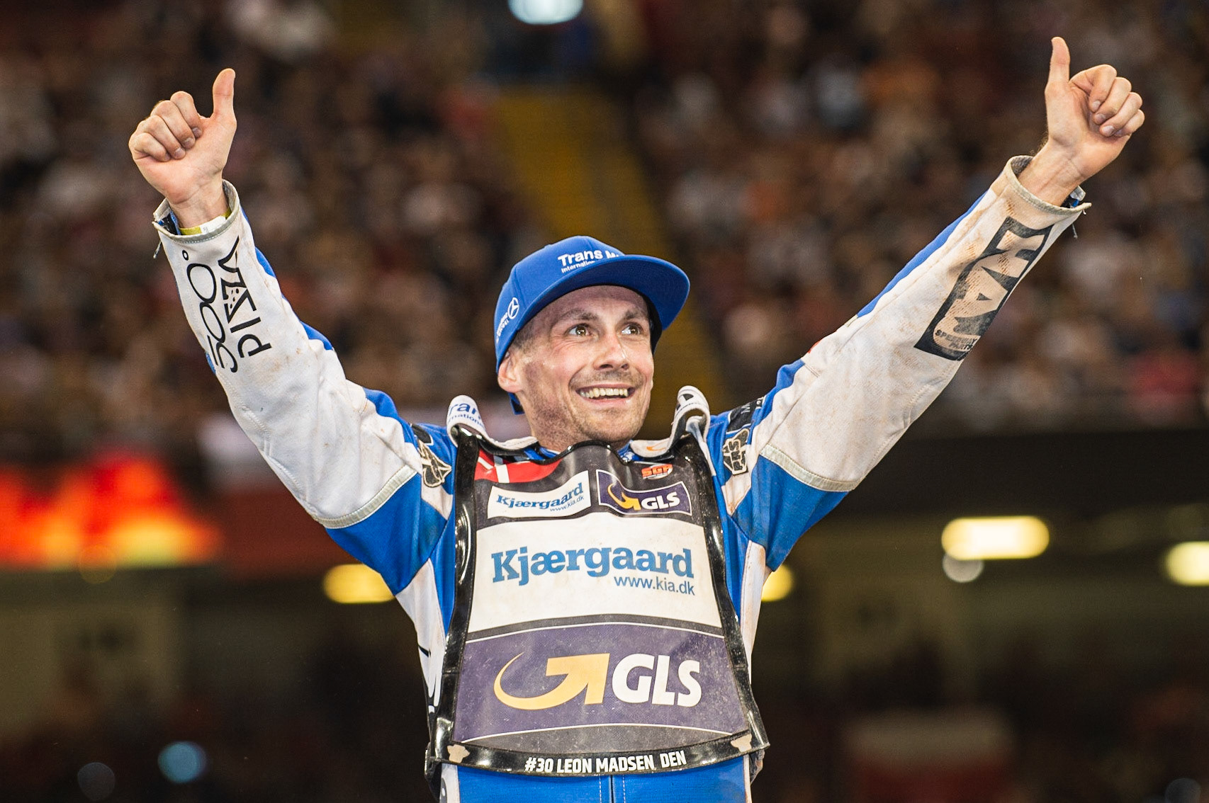 CARDIFF,WALES Leon Madsen celebrates his win during the ADRIAN FLUX BRITISH FIM SPEEDWAY GRAND PRIX at the Principality Stadium, Cardiff on Saturday 21st September 2019. (Credit: Ian Charles | MI News)