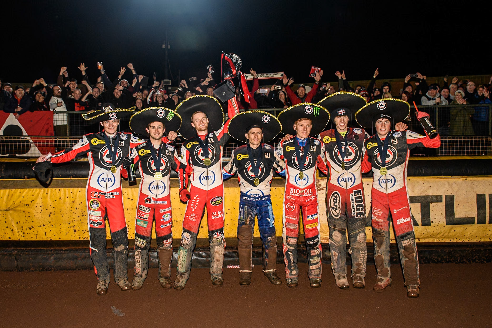 The Belle Vue ATPI Aces celebrate with their fans during the Rowe Motor Oil Premiership Grand Final 2nd Leg between Leicester Lions and Belle Vue Aces at the Pidcock Motorcycles Arena, Leicester on Thursday 26th September 2024. (Photo: Ian Charles | MI News)