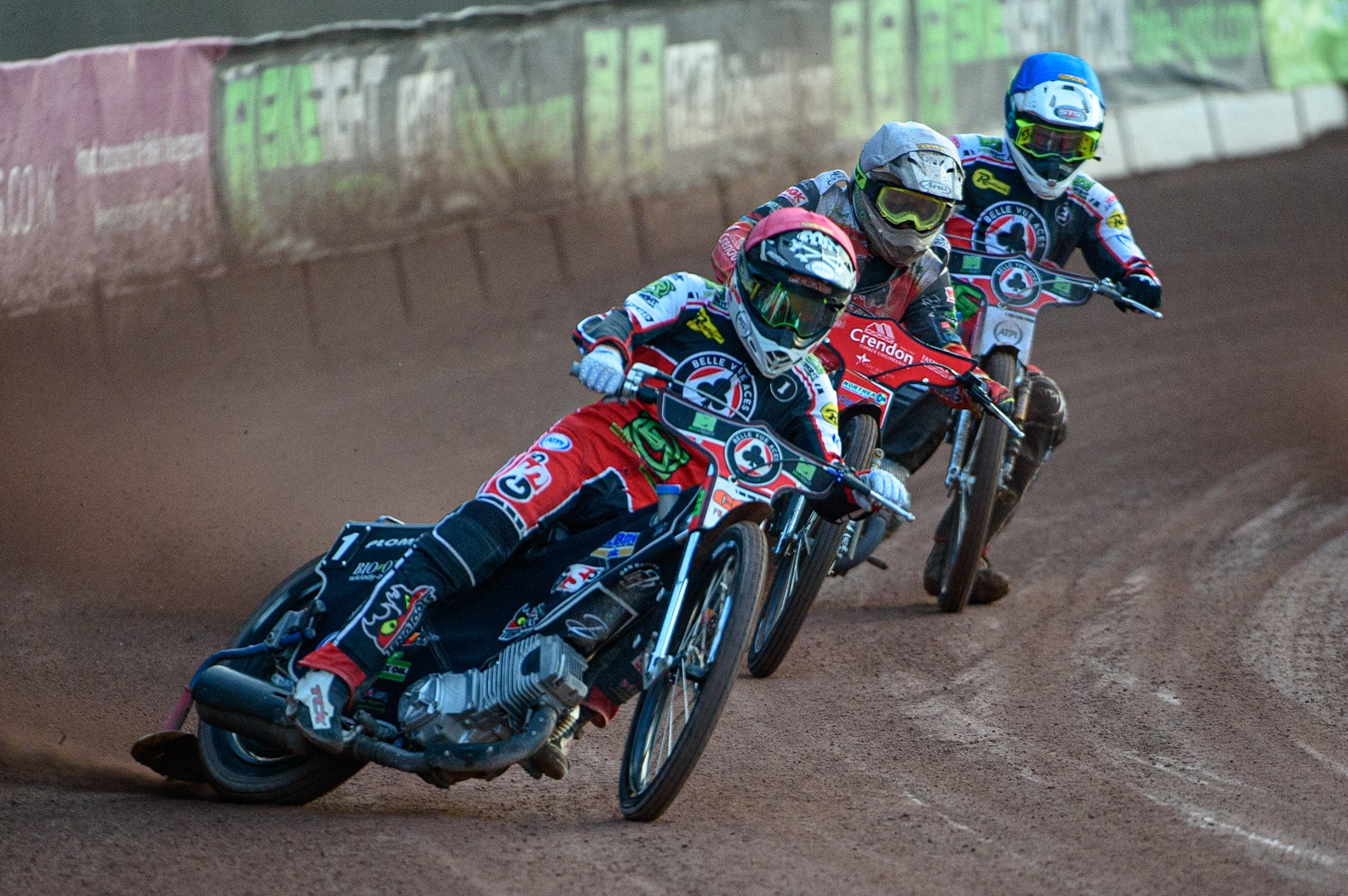MANCHESTER, UK. AUG 9TH   Dan Bewley  (Red) leads Chris Harris  (White) and Richie Worrall  (Blue) during the SGB Premiership match between Belle Vue Aces and Peterborough at the National Speedway Stadium, Manchester on Monday 9th August 2021. (Credit: Ian Charles | MI News)