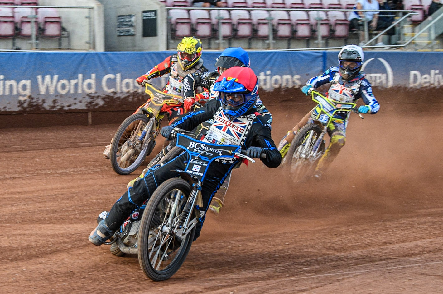 Ashton Boughen (Red) leads Ashton Vale (Blue), Max James  (Yellow) and Jody Scott (White) during the British Youth Speedway Championships at the National Speedway Stadium, Manchester on Friday 21st July 2023. (Photo: Ian Charles | MI News)