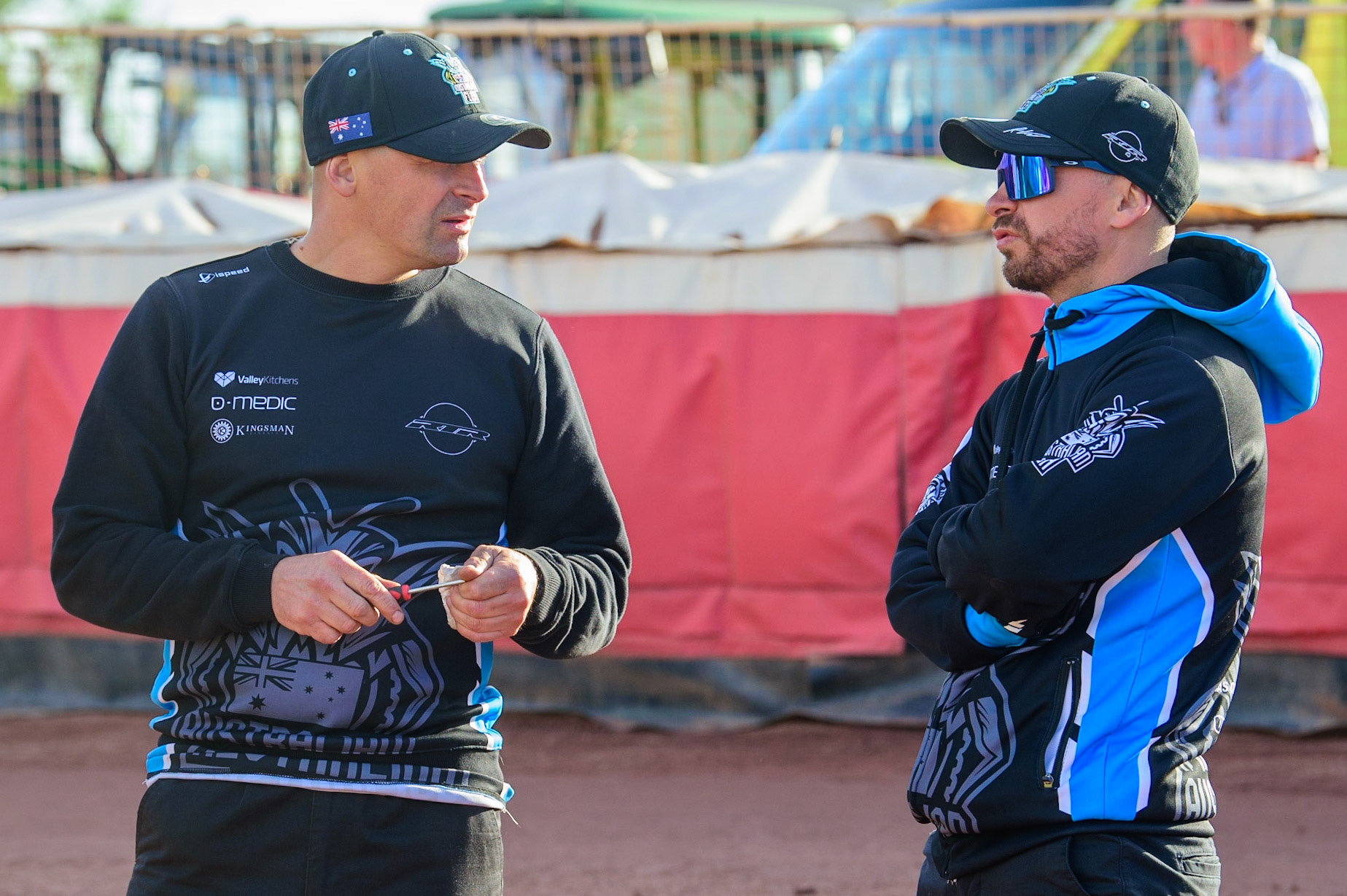 Rohan Tungate (Australia) (right) with his mechanic on the pre-meeting track walk during the FIM Speedway Grand Prix Challenge at the Peugeot Ashfield Stadium, Glasgow on Saturday 20th August 2022. (Credit: Ian Charles | MI News)