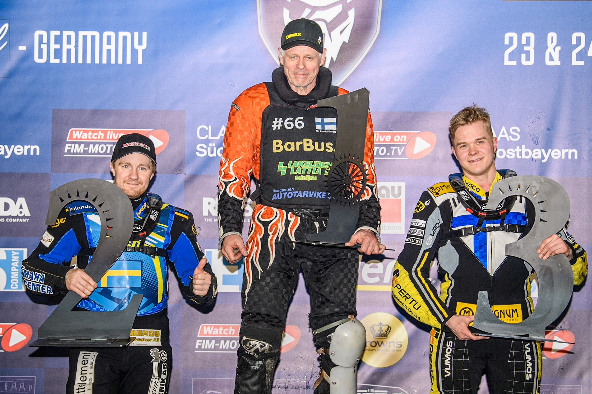 Sunday’s Top 3: (L to R) Sweden's Martin Haarahiltunen (2nd), Finland's Aki Ala-Riihimäki (1st), Finland's Heikki Huusko (3rd) during the FIM Ice Speedway Gladiators World Championship Final 2 at the Max-Aicher-Arena, Inzell on Sunday 24 March 2024. (Photo: Ian Charles | MI News)
