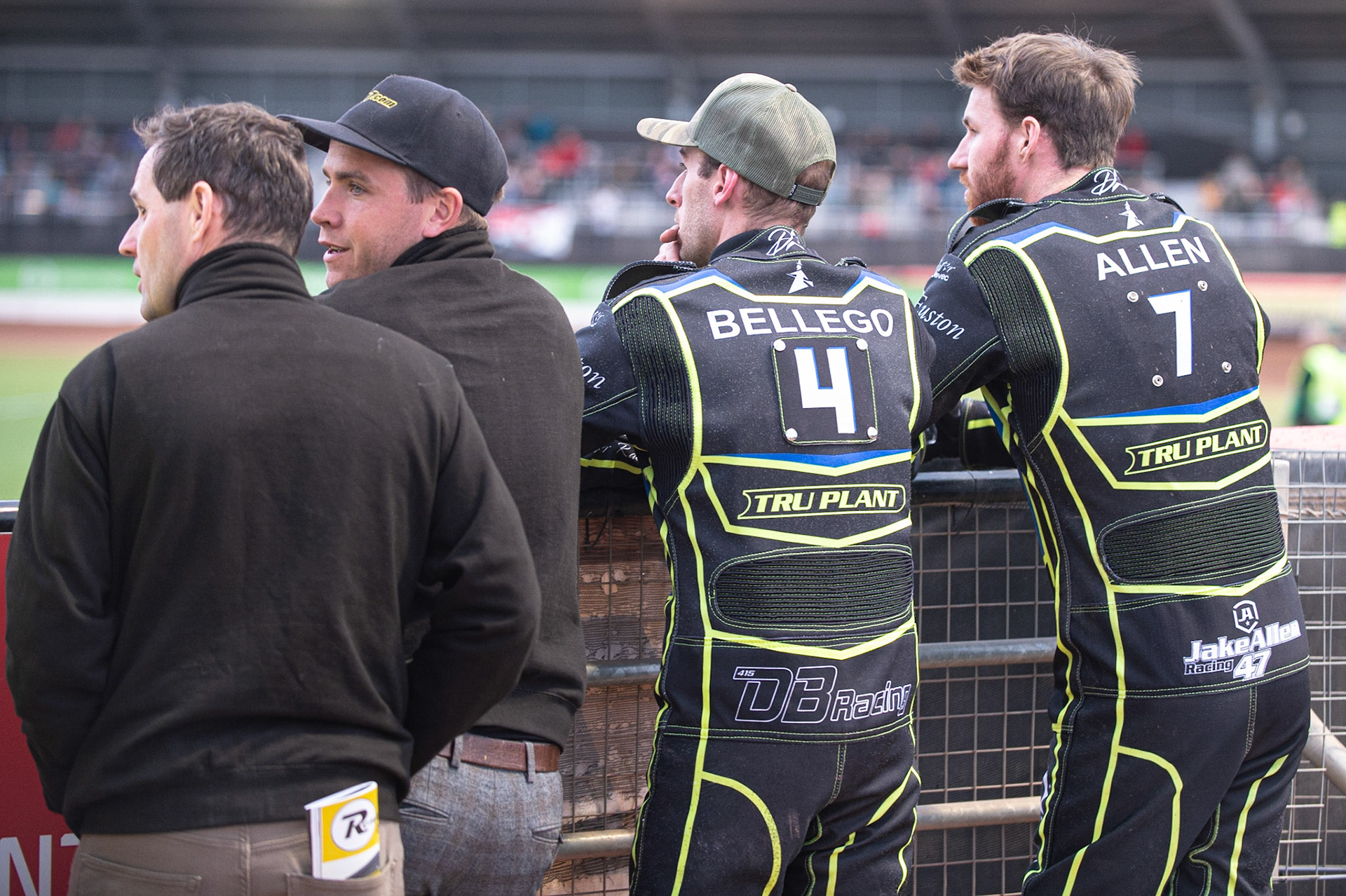 Photo: Ian Charles

(l-r) Chris Louis , Richie Hawkins, David Bellego  and Jake Allen  watch the track prep

Belle Vue Aces v Ipswich Witches, British Speedway Premiership, Belle Vue National Speedway Stadium, Manchester, Monday 3  June  2019