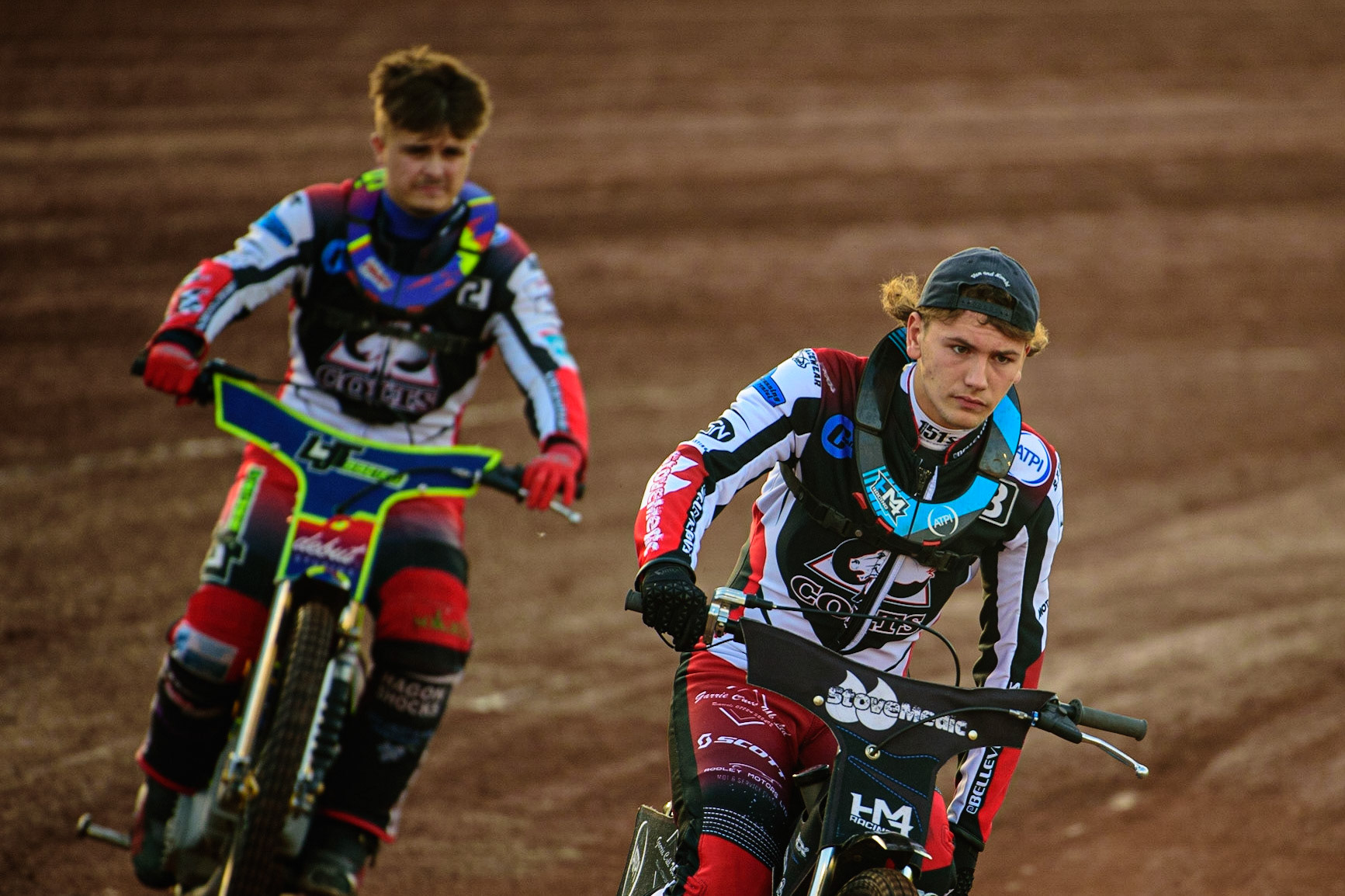 Harry McGurk  (right) and Nathan Ablitt  on the prematch parade lap during the National Development League match between Belle Vue Aces and Leicester Lions at the National Speedway Stadium, Manchester on Friday 19th August 2022. (Credit: Ian Charles | MI News)