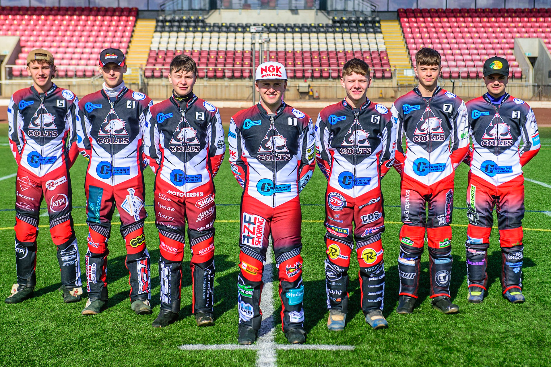 MANCHESTER, UK. MAR 14TH Belle Vue 'Cool Running' Colts’ (l-r): Harry McGurk, Jack Parkinson-Blackburn, Sam McGurk, Jack Smith, Archie Freeman, Freddie Hodder, Nathan Ablitt during the Belle Vue Speedway Media Day at the National Speedway Stadium, Manchester on Monday 14th March 2022. (Credit: Ian Charles | MI News)