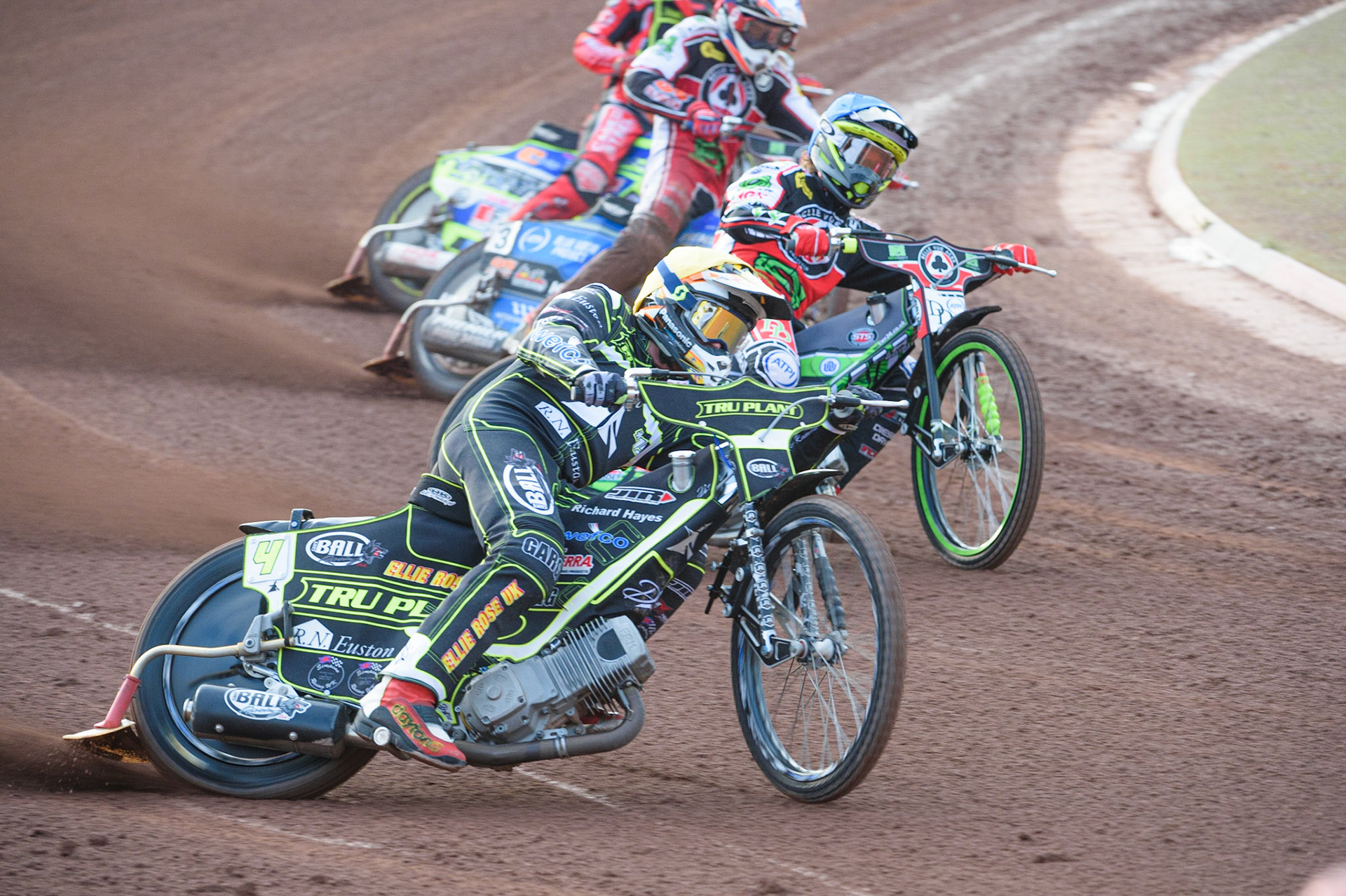 MANCHESTER, UK. JUNE 7TH   Jake Allen  (Yellow) leads Charles Wright  (Blue) and Steve Worrall  (Red)  during the SGB Premiership match between Belle Vue Aces and Ipswich Witches at the National Speedway Stadium, Manchester on Monday 7th June 2021. (Credit: Ian Charles | MI News)