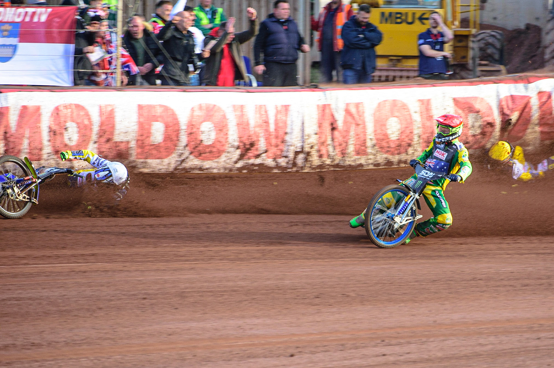 MANCHESTER, UK. OCT 16TH Pontus Aspgren of Sweden (White) slides off as Jacob Thorsell of Sweden hits the airfence during the Monster Energy FIM Speedway of Nations at the National Speedway Stadium, Manchester on Saturday  16th October 2021. (Credit: Ian Charles | MI News)