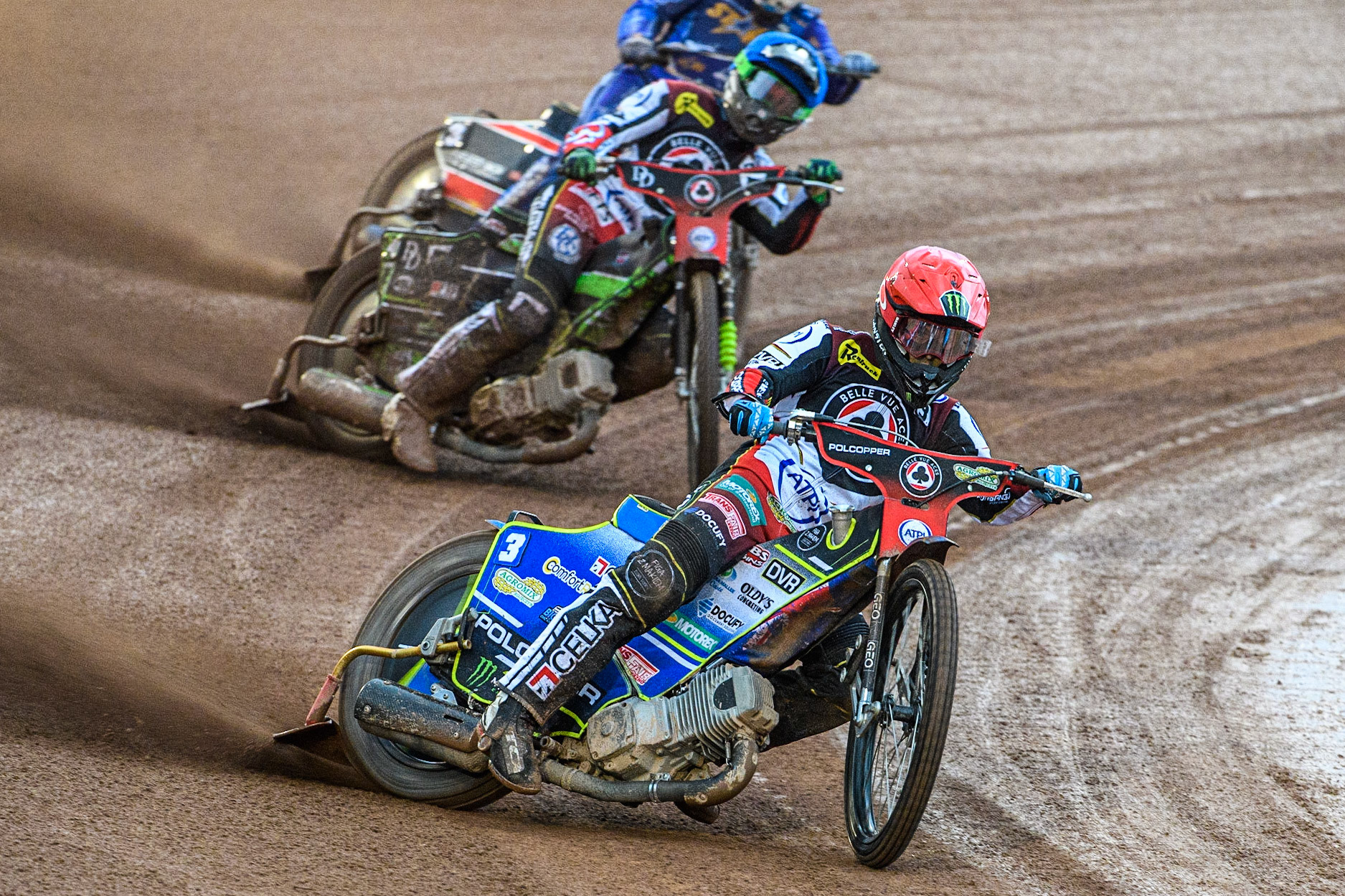 Jaimon Lidsey (Red) leads team mate Charles Wright (Blue) during the Sports Insure Premiership match between Belle Vue Aces and King's Lynn Stars at the National Speedway Stadium, Manchester on Monday 12th June 2023. (Photo: Ian Charles | MI News)