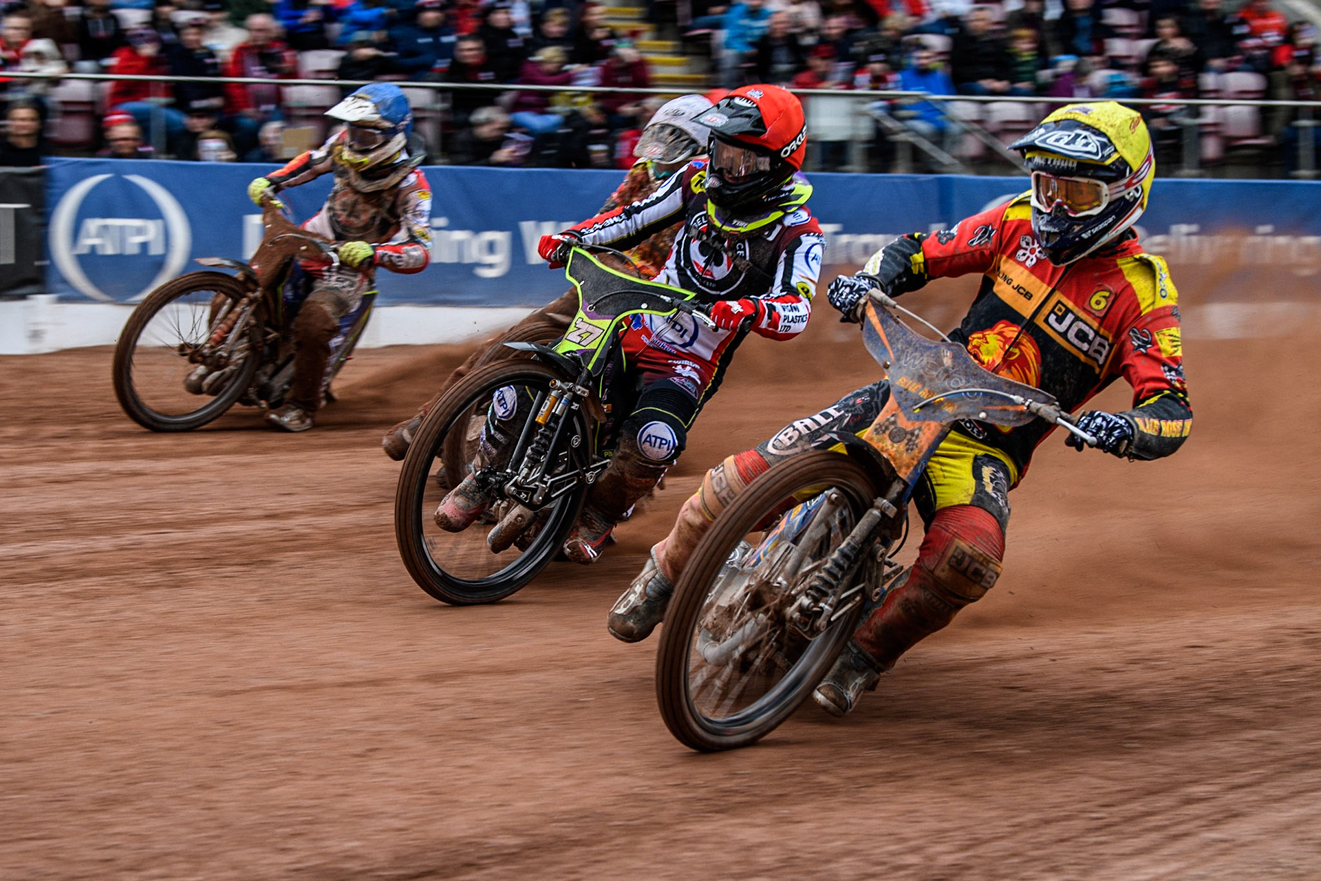 Jake Allen  (Yellow) inside Tom Brennan   (Red), Richard Lawson  (White) and Jake Mulford (Blue) during the SGB Premiership match between Belle Vue Aces and Leicester Lions at the National Speedway Stadium, Manchester on Monday 1st May 2023. (Photo: Ian Charles | MI News)