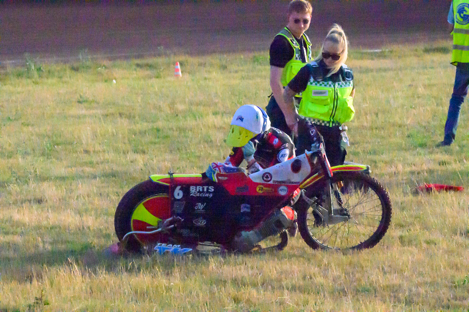 Tate Zischke of Belle Vue Aces checks his bike after his fall during the Rowe Motor Oil Premiership match between Leicester Lions and Belle Vue Aces at the Hydroscan Arena, Leicester on Thursday 23rd July 2026. (Photo: Ian Charles | MI News)