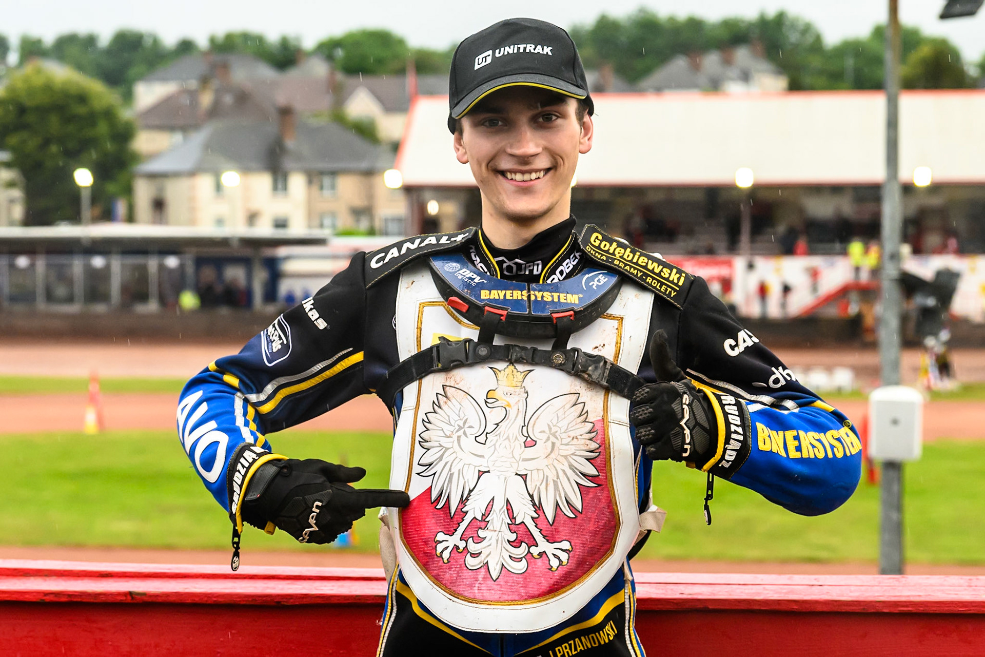 Jan Przanowski of Poland celebrates his qualification after the meeting was called off after 12 heats due to the heavy rain during the FIM SGP2 Qualifying Round at the Peugeot Ashfield Stadium in Glasgow on Saturday 24th May 2025. (Photo: Ian Charles | MI News)
