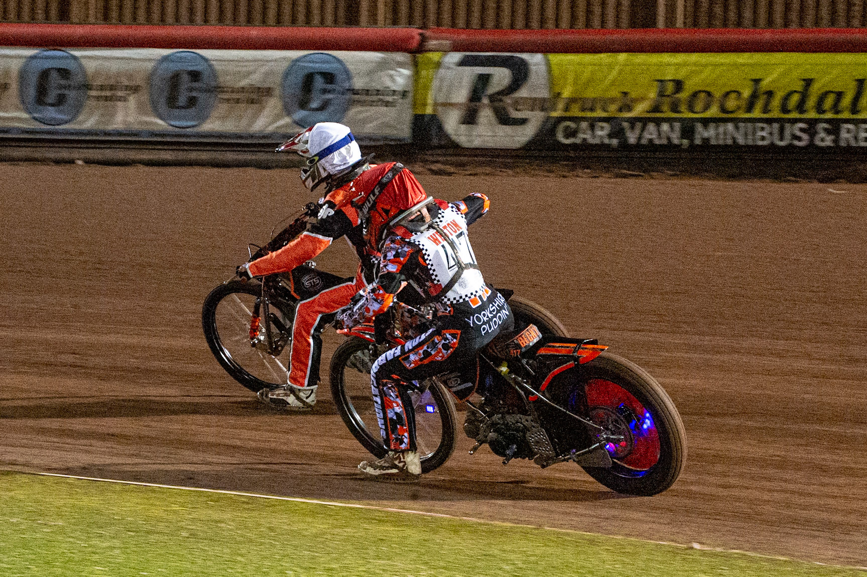 Photo: Ian CharlesBecky Weston (Red) chases Owen Booth (White) (125cc B Class)British Youth Speedway Championship (Round 5), National Speedway Stadium, Manchester Saturday  10  October  2020