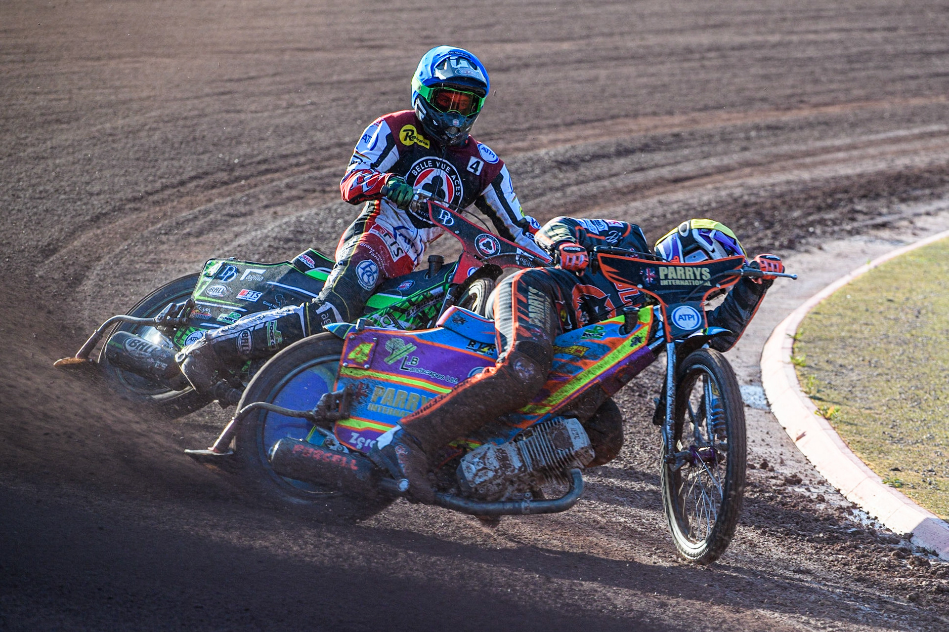Rory Schlein (Yellow) leads Charles Wright (Blue) during the Sports Insure Premiership match between Belle Vue Aces and Wolverhampton Wolves at the National Speedway Stadium, Manchester on Monday 3rd July 2023. (Photo: Ian Charles | MI News)