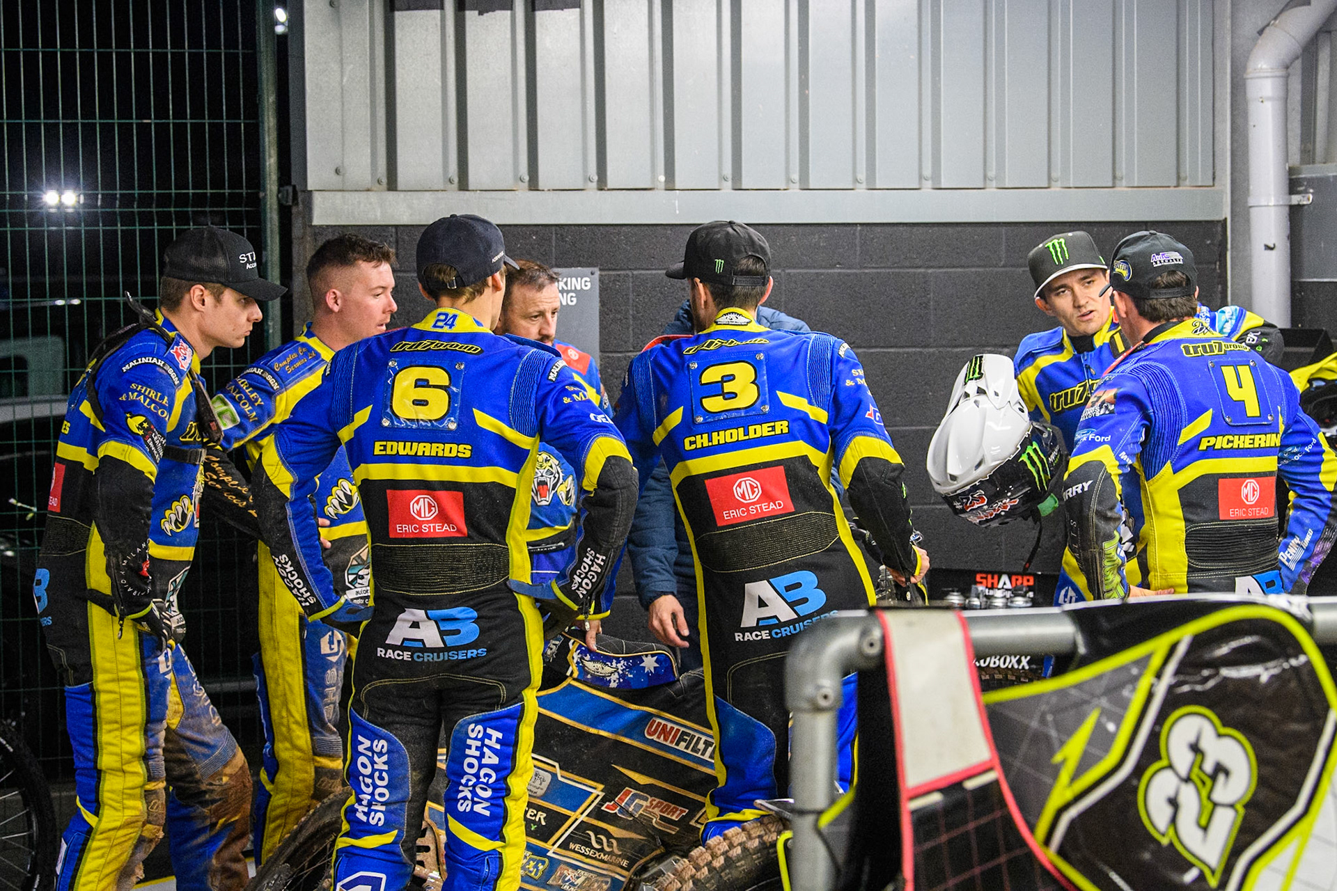 Sheffield Tru7 Group Tigers  team meeting during the Rowe Motor Oil Premiership Play Off Semi Final 2, 1st Leg match between Belle Vue Aces and Sheffield Tigers at the National Speedway Stadium, Manchester on Monday 16th September 2024. (Photo: Ian Charles | MI News)
