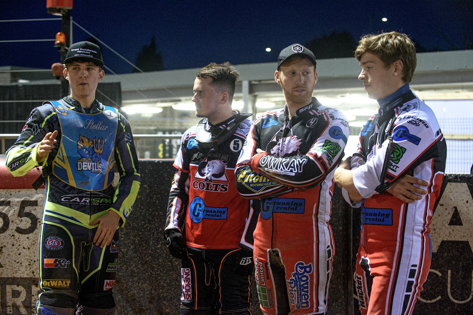 MANCHESTER, UK. AUGUST 20TH (l-r): Kyle Bickley  Jack Smith,Paul Bowen  and Connor Coles ,  during the National Development League match between Belle Vue Aces and Armadale Devils at the National Speedway Stadium, Manchester on Friday 20th August 2021. (Credit: Ian Charles | MI News)