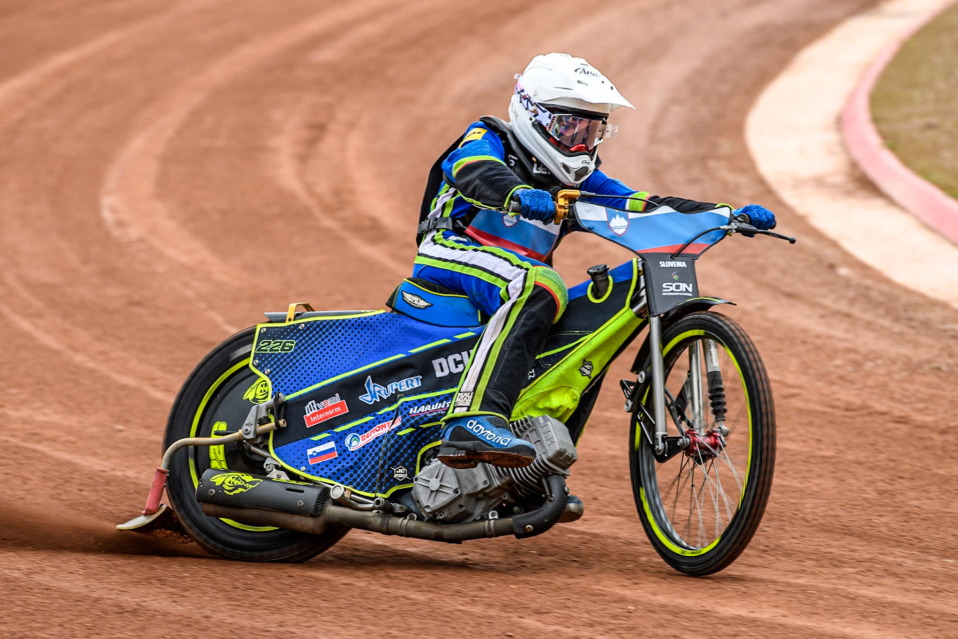 Anze Grmek of Slovenia practices during the Monster Energy FIM Speedway of Nation Semi Final 2 at the National Speedway Stadium, Manchester on Wednesday 10th July 2024. (Photo: Ian Charles | MI News)