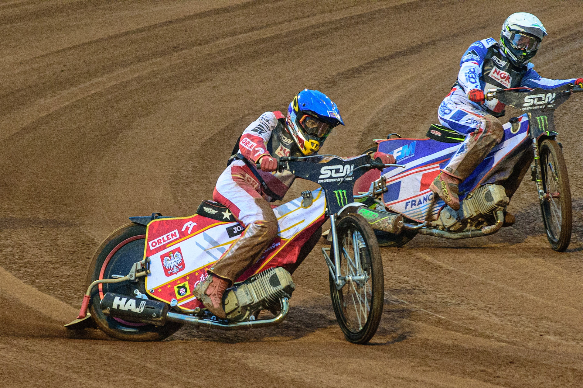 MANCHESTER, UK. OCT 17TH Maciej Janowski of Poland (Blue) outside David Bellego of France (White) during the Monster Energy FIM Speedway of Nations at the National Speedway Stadium, Manchester on Sunday  17th October 2021. (Credit: Ian Charles | MI News)