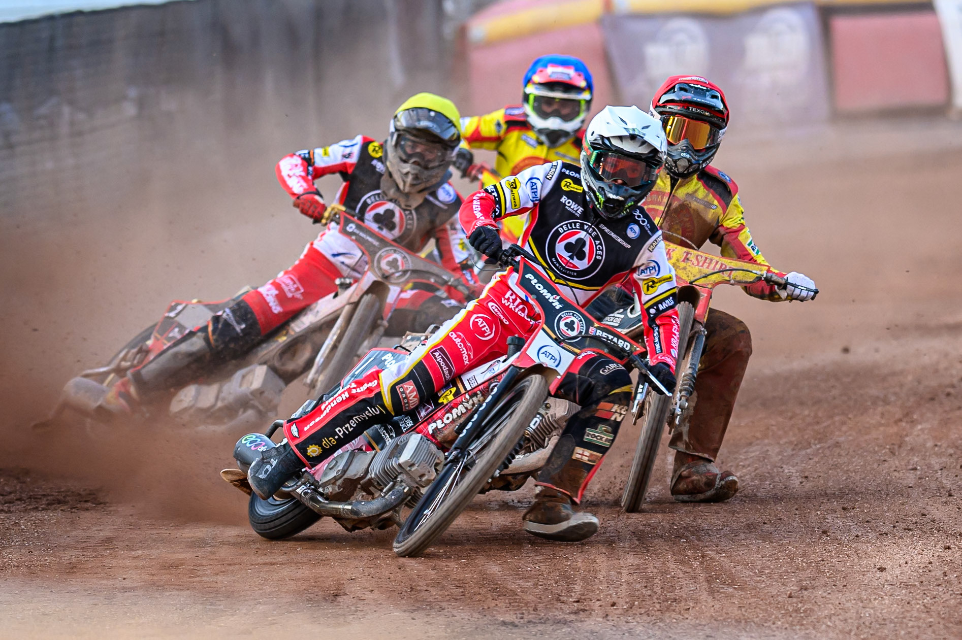 Belle Vue Aces' Dan Bewley in White leading Belle Vue Aces' Norick Blodorn in Yellow, Birmingham Brummies' Tobiasz Musielak in Red and Birmingham Brummies' Keynan Rew in Blue during the Rowe Motor Oil Premiership match between Birmingham Brummies and Belle Vue Aces at Perry Bar Stadium, Birmingham on Monday 2nd June 2025. (Photo: Ian Charles | MI News)