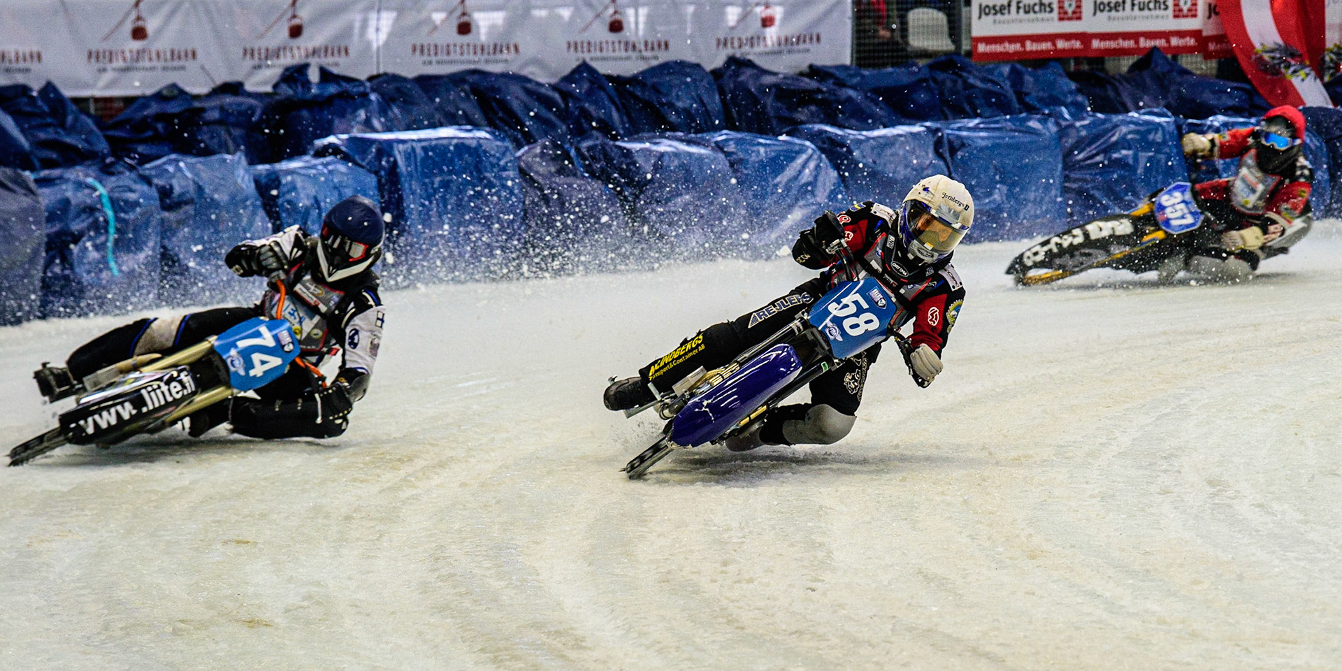 Stefan Svensson (58) (White) inside Mats Järf (74) (Blue) during the Ice Speedway Gladiators World Championship Final 2 at Max-Aicher-Arena, Inzell, Germany on Sunday 19th March 2023. (Photo: Ian Charles | MI News)