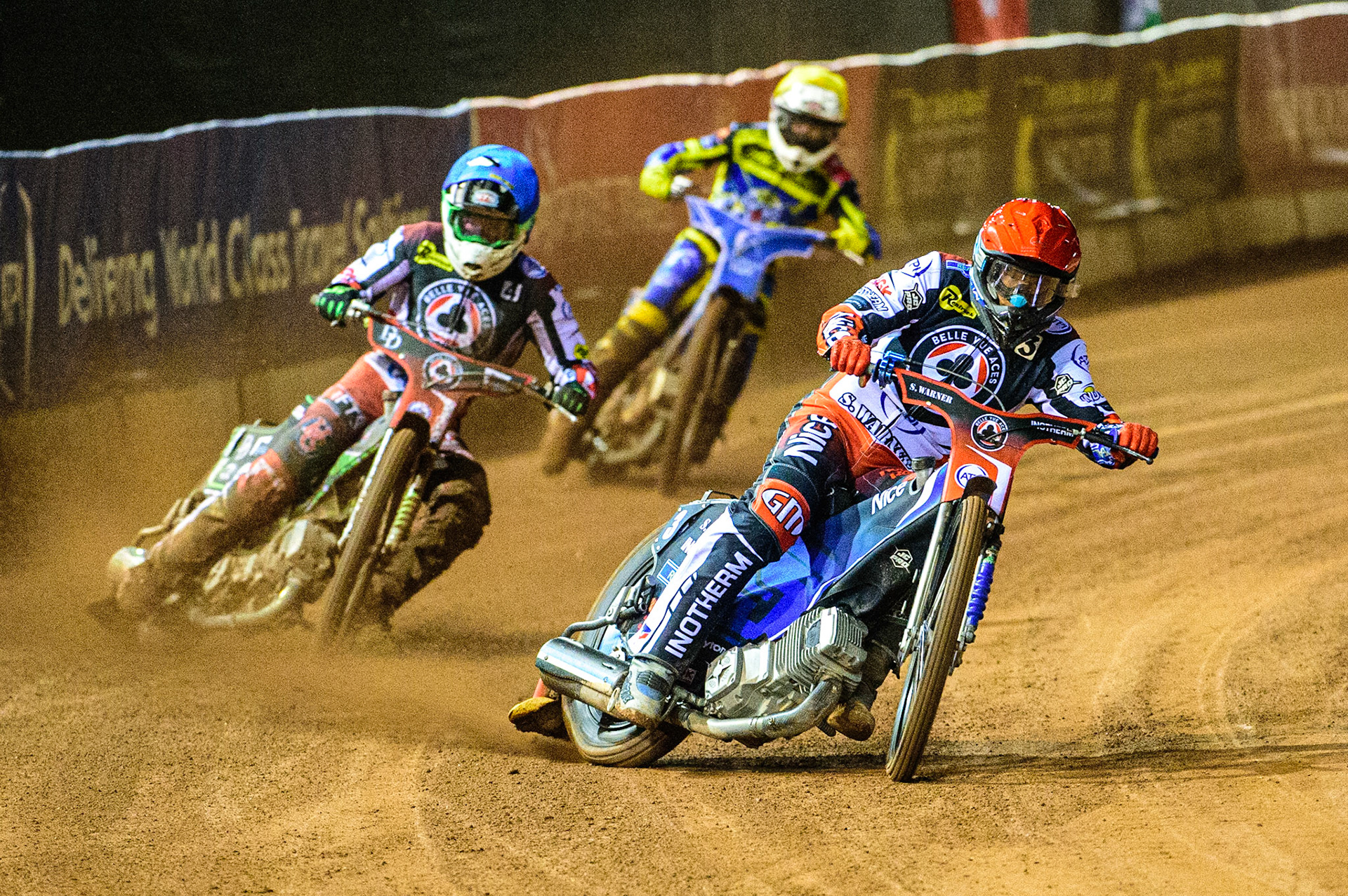Matej Zagar  (Red) leads Charles Wright  (Blue) Lewis Kerr  (Yellow) during the SGB Premiership Grand Final 1st leg between Belle Vue Aces and Sheffield Tigers at the National Speedway Stadium, Manchester on Monday 10th October 2022. (Credit: Ian Charles | MI News)