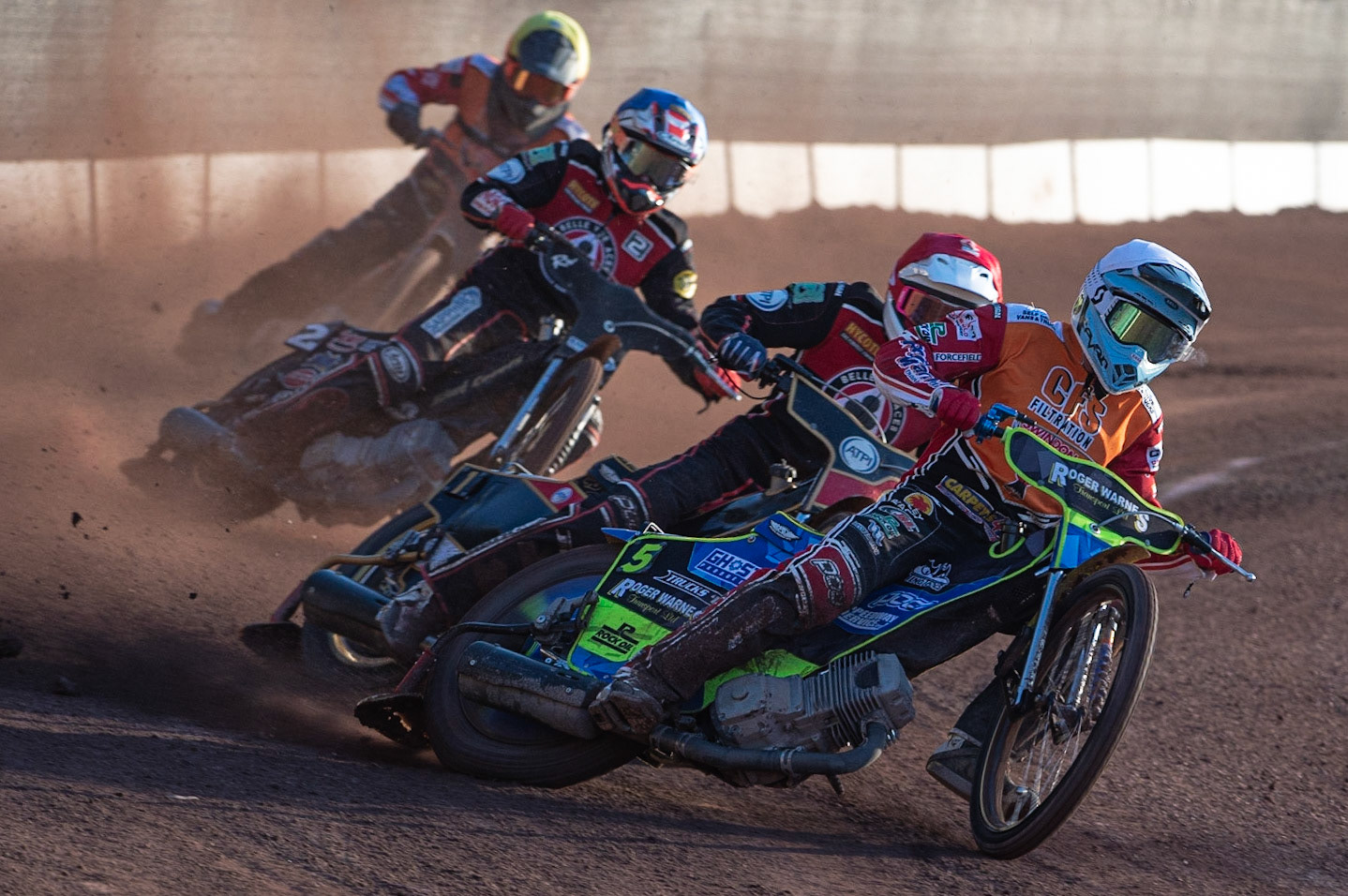 Photo: Ian Charles

Troy Batchelor (White) leads Max Fricke (Red) Ricky Wells  (Blue) and Zach Wajtknecht (Yellow)

Belle Vue Aces v Swindon Robins, British Speedway Premiership, Belle Vue National Speedway Stadium, Manchester, Monday 20  May  2019