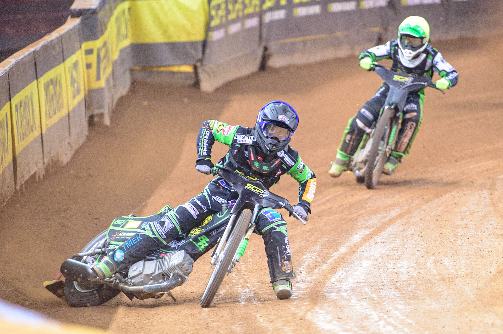 Benjamin Basso (Denmark)  (Blue) leads Mateusz Swidnicki (Poland)  (Yellow) during the FIM  Speedway Grand Prix  2 of Great Britain at the Principality Stadium, Cardiff on Sunday 14th August 2022. (Credit: Ian Charles | MI News)