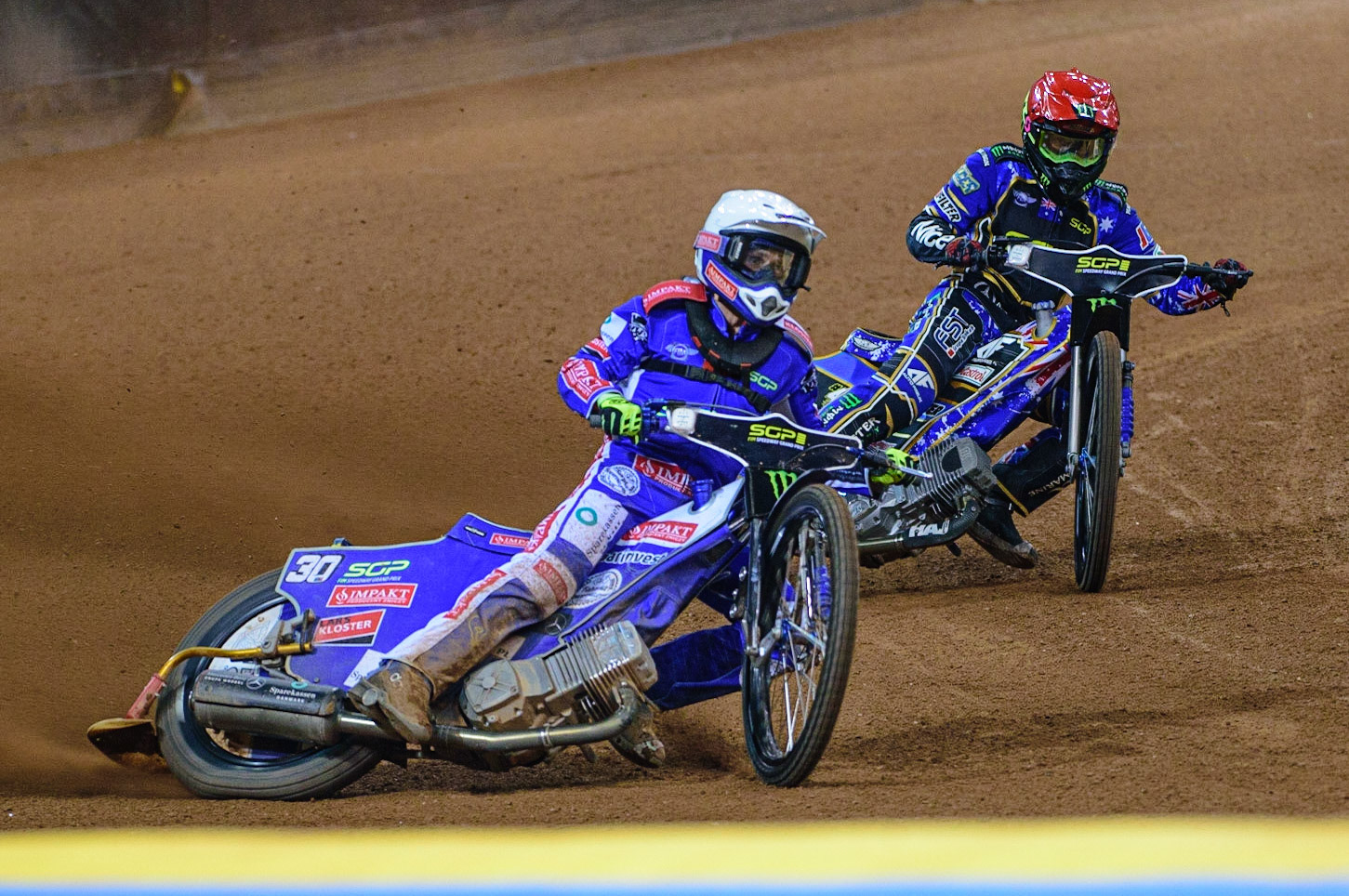 Leon Madsen (30) (White) leads Jack Holder (25) (Red) during the FIM  Speedway Grand Prix of Great Britain at the Principality Stadium, Cardiff on Saturday 13th August 2022. (Credit: Ian Charles | MI News