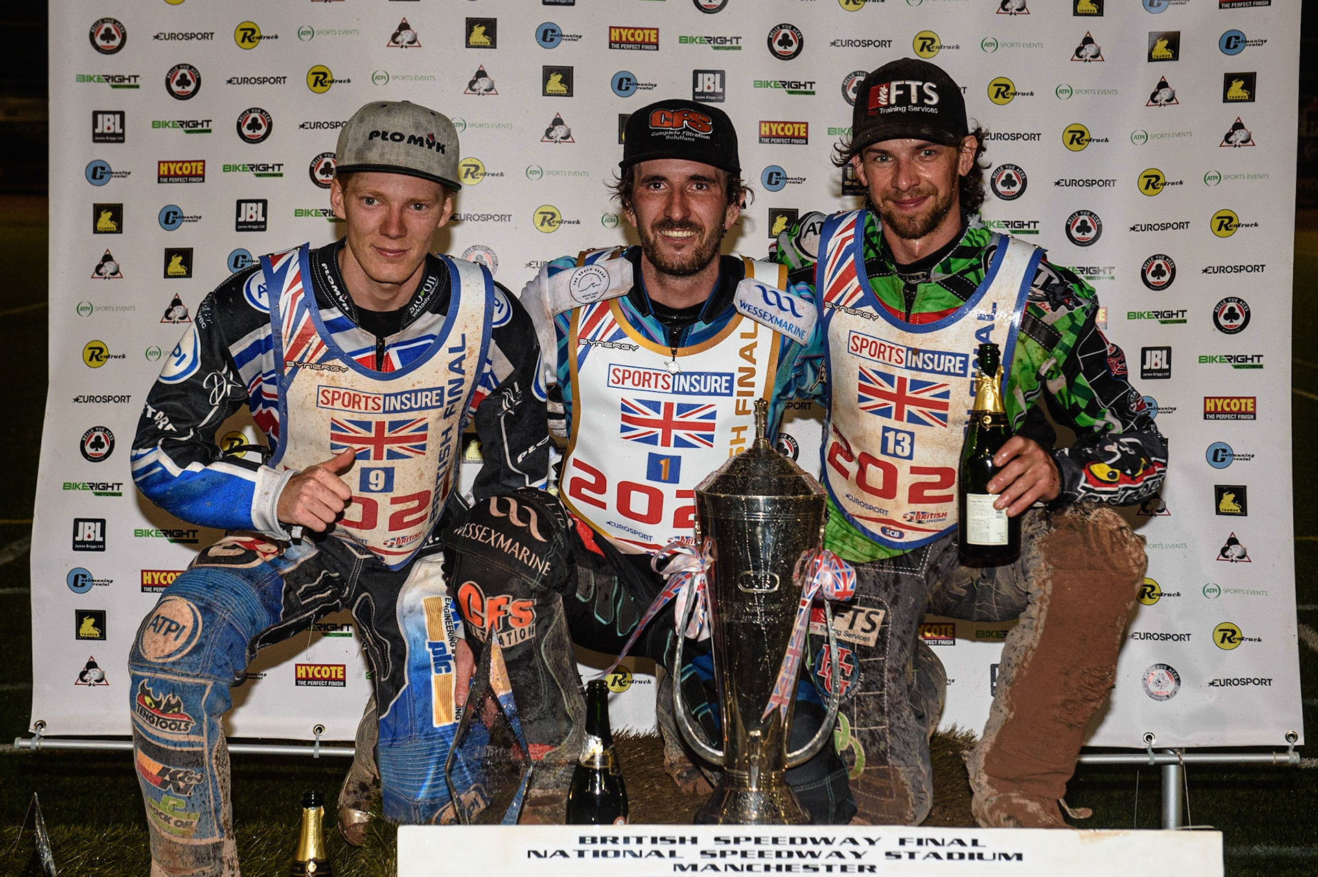 MANCHESTER, UK. AUGUST 16TH   Top 3 (l-r) Dan Bewley  (2nd), Adam Ellis (Winner), Charles Wright (3rd) during the Sports Insure British Speedway Finals at the National Speedway Stadium, Manchester on Monday 16th August 2021. (Credit: Ian Charles | MI News)