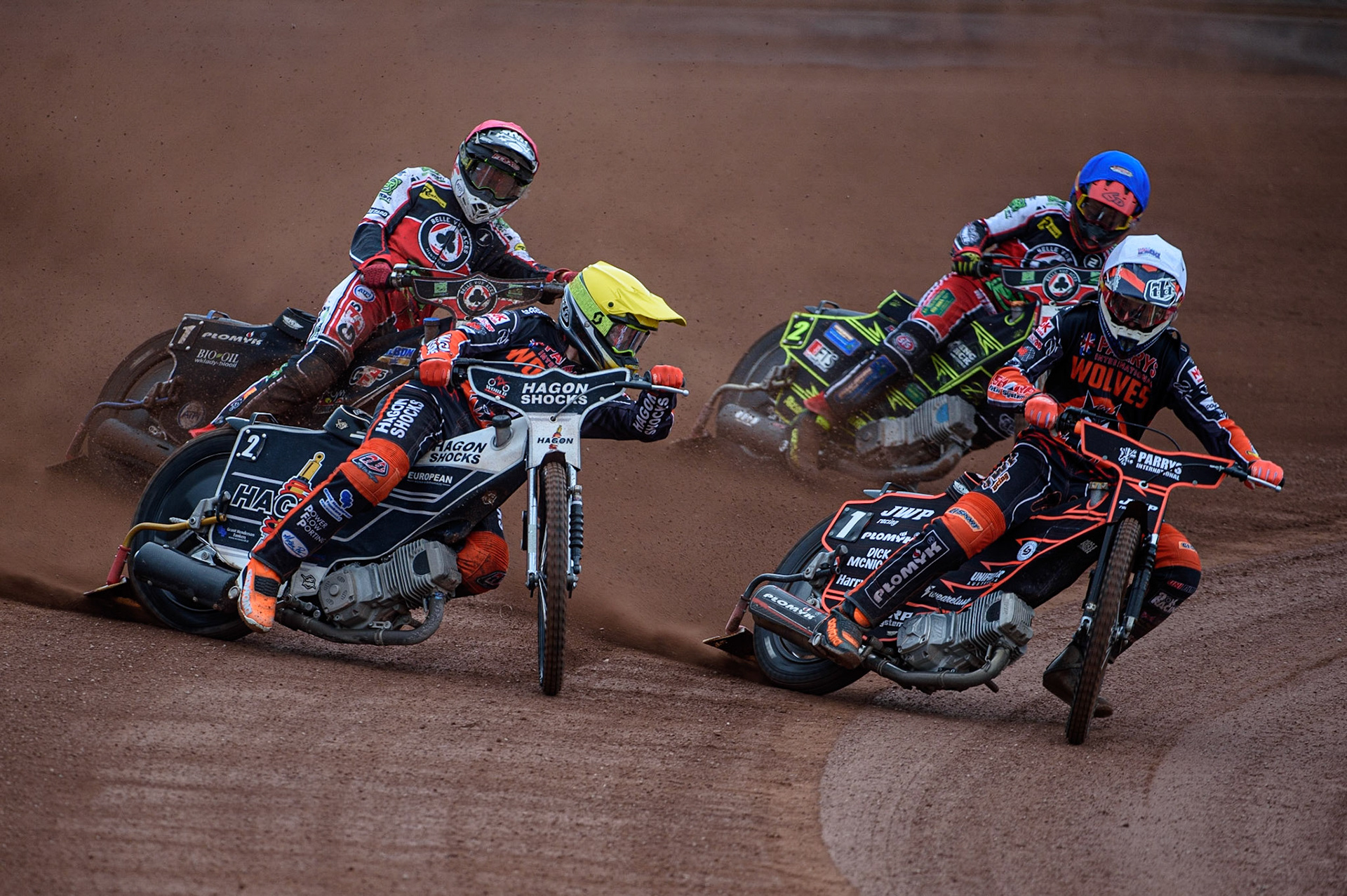 MANCHESTER, UK. AUGUST 30TH Sam Masters  (White) and Broc Nicol  (Yellow) leads Dan Bewley  (Red) and Jye Etheridge  (Blue) during the SGB Premiership match between Belle Vue Aces and Wolverhampton Wolves at the National Speedway Stadium, Manchester on Monday 30th August 2021. (Credit: Ian Charles | MI News)