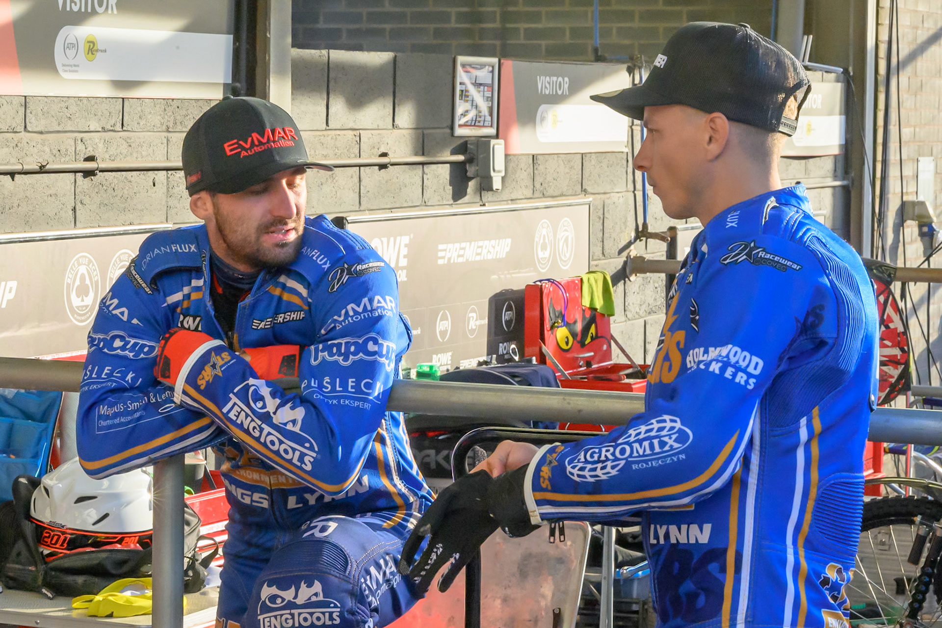 Jan Kvech of Kings Lynn Stars (Left) chats with Ben Cook of Kings Lynn Stars during the Rowe Motor Oil Premiership match between Belle Vue Aces and King's Lynn Stars at the National Speedway Stadium, Manchester on Monday 10th August 2026. (Photo: Ian Charles | MI News)