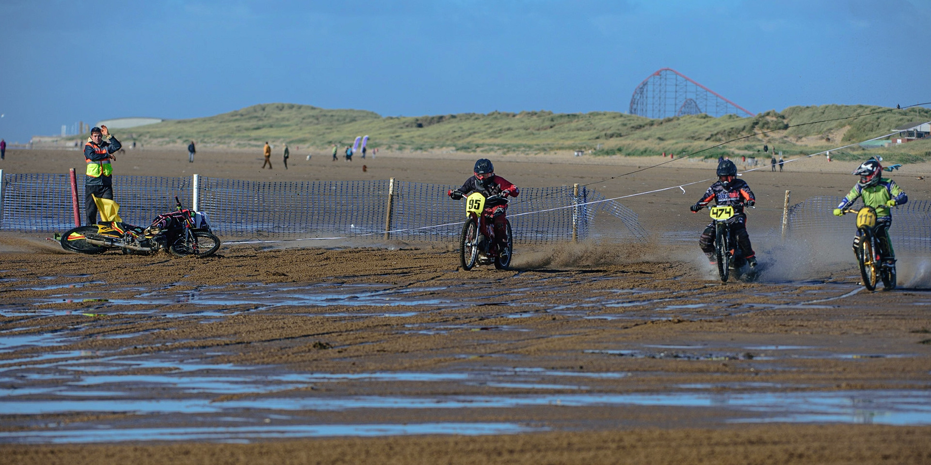 Paul Bowen (67) falls at the start after the starting gate malfunction during the Fylde ACU British Sand Racing Masters Championship on  Sunday 2nd October 2022. (Credit: Ian Charles | MI News)