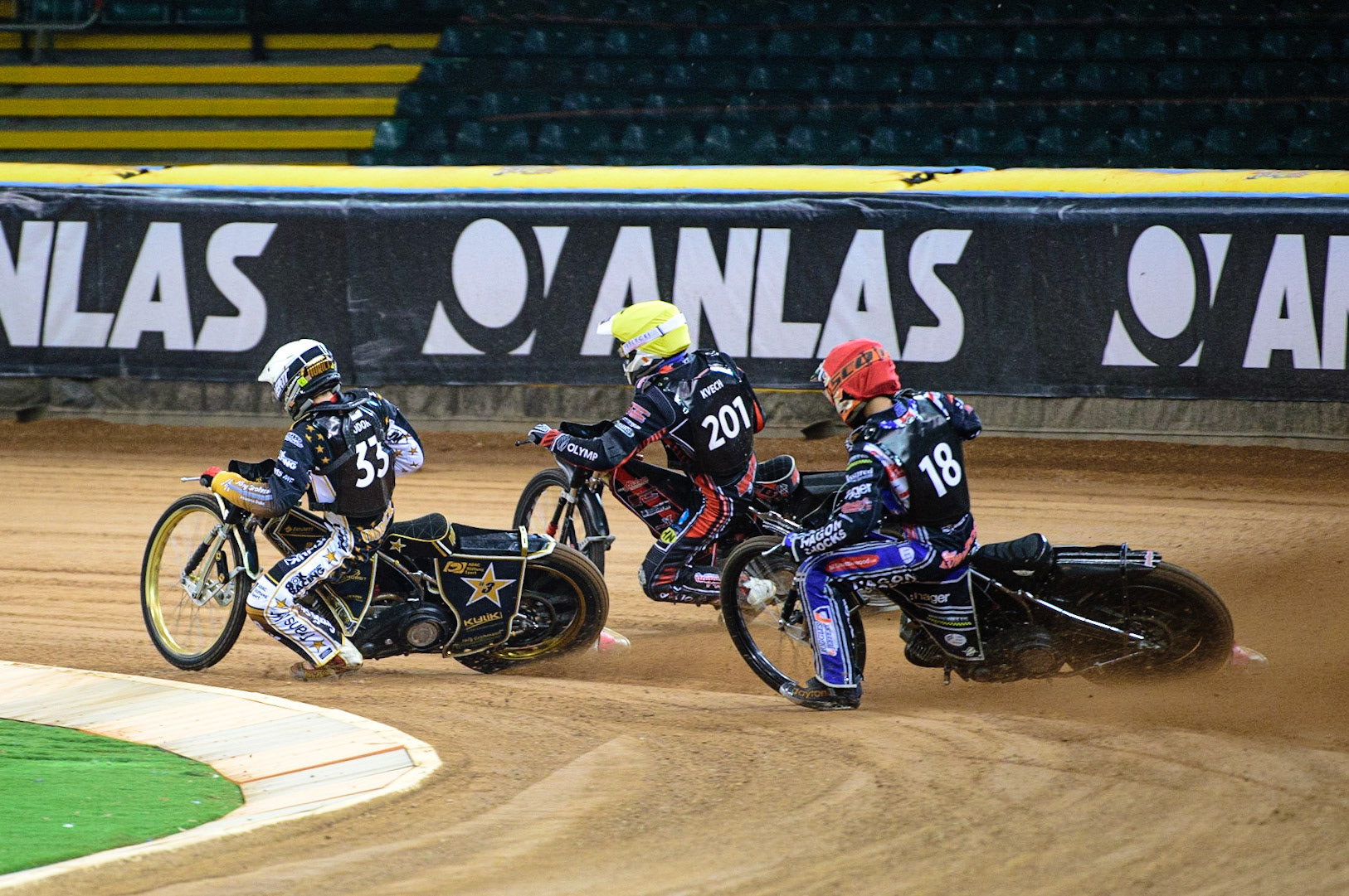 Norick Blodorn (Germany)  (White) inside Jan Kvech (Czech Republic)  (Yellow) with Jason Edwards (Great Britain) chasing during the FIM  Speedway Grand Prix  2 of Great Britain at the Principality Stadium, Cardiff on Sunday 14th August 2022. (Credit: Ian Charles | MI News)
