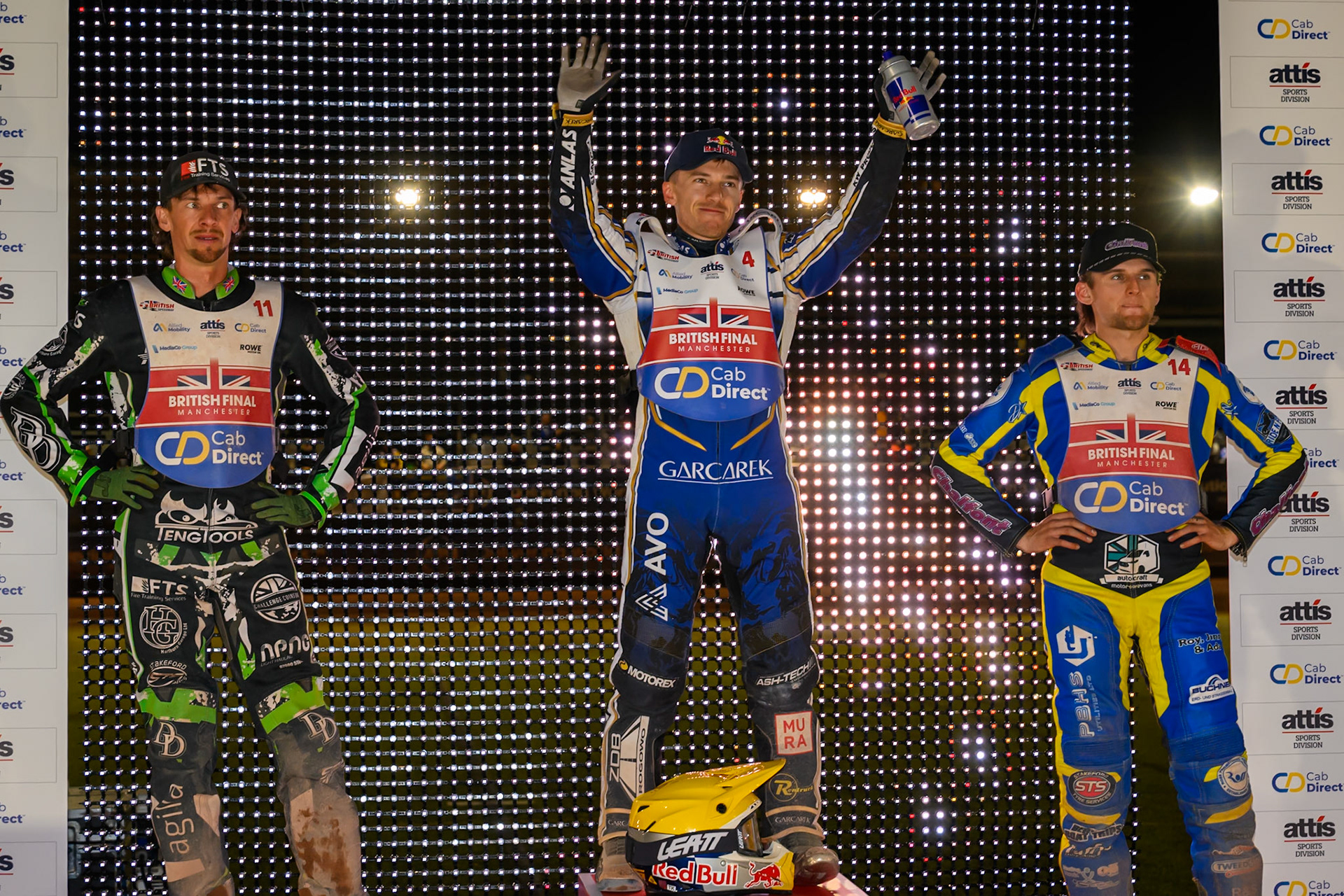 Top3: (L to R)  Charles Wright (2nd), Robert Lambert (Winner), Leon Flint (3rd) during the Cab Direct British Speedway Championship Final at the National Speedway Stadium, Manchester on Saturday 15th August 2026. (Photo: Ian Charles | MI News)