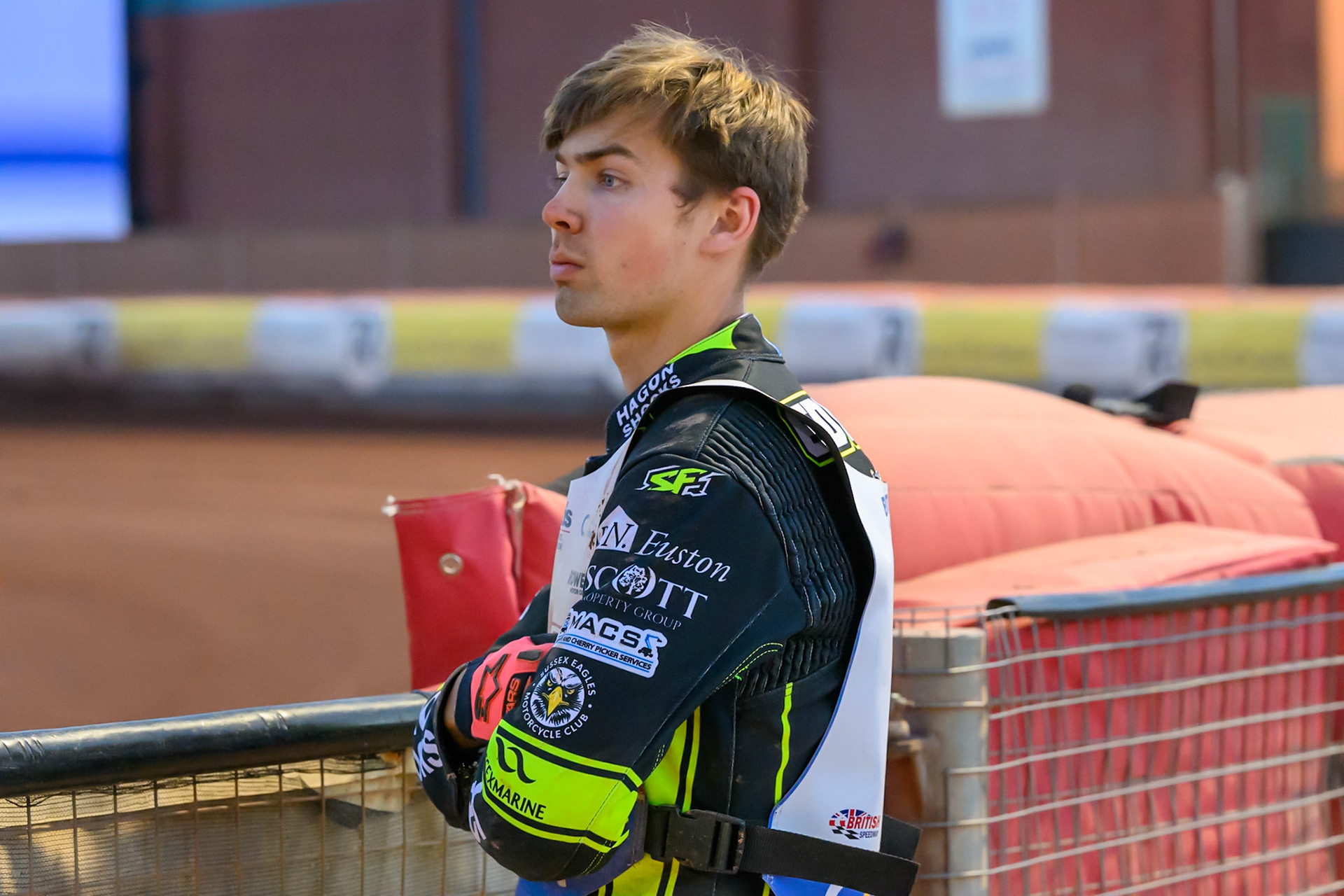 Jason Edwards (9)  watches the track prep during the Cab Direct British Speedway Championship Final at the National Speedway Stadium, Manchester on Saturday 15th August 2026. (Photo: Ian Charles | MI News)