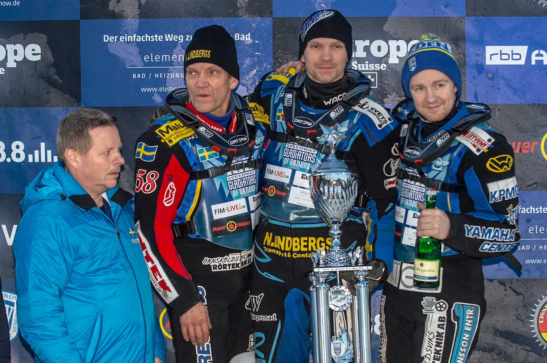 BERLIN GERMANY  - March 1  2nd place for Sweden: (l-r) Mikael Messing (Manager), Stefan Svensson, Niclas Svensson and Martin Haarahiltunen  during the Ice Speedway of Nations at the Horst-Dohm-Eisstadion, Berlin,  on Sunday 1 March 2020. (Credit: Ian Charles | MI News)