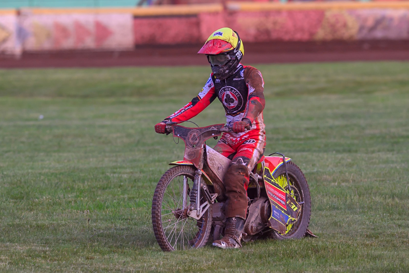 Belle Vue Aces' Tate Zischke pulls up on the centre after his fall in heat 9 during the Rowe Motor Oil Premiership match between Birmingham Brummies and Belle Vue Aces at Perry Bar Stadium, Birmingham on Monday 2nd June 2025. (Photo: Ian Charles | MI News)