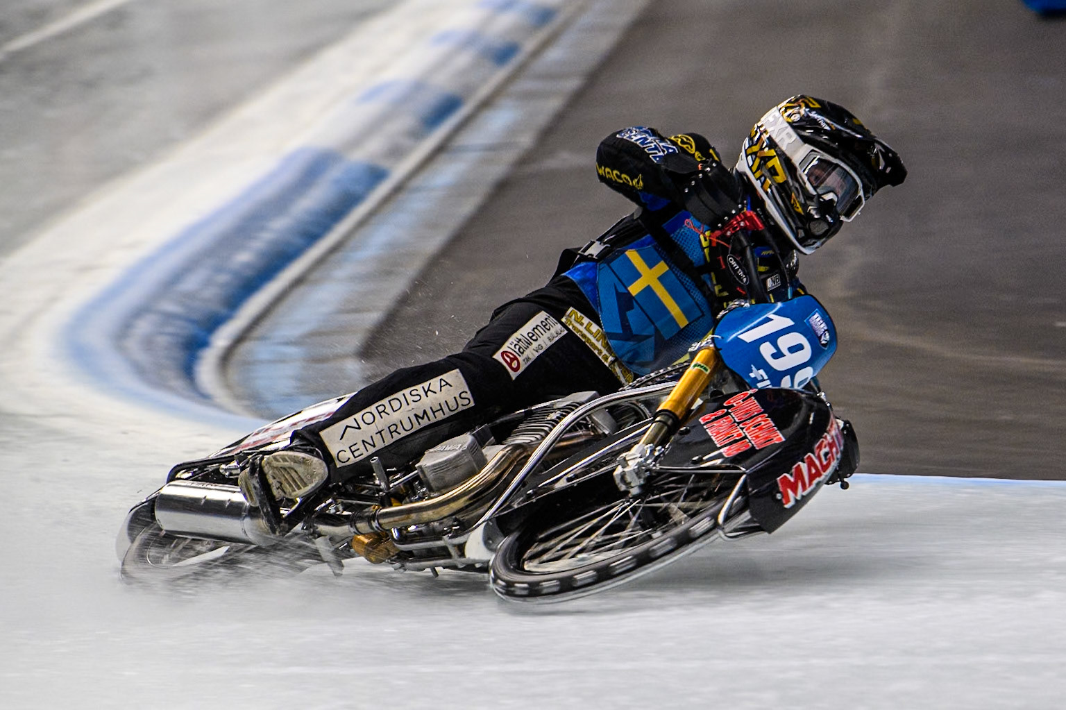 Martin Haarahiltunen (199) of Sweden in action  during practice for  the Ice Speedway Gladiators World Championship Finals 1 &amp; 2 at Max-Aicher-Arena, Inzell on Friday 14th March 2025. (Photo: Ian Charles | MI News)
