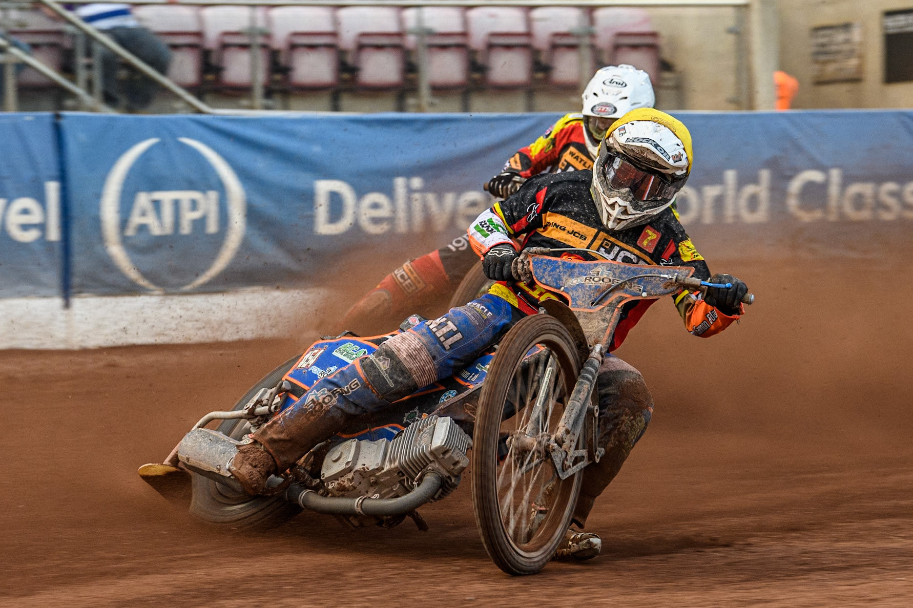 Leicester Lions' Guest rider Luke Killeen in Yellow leading team mate Leicester Lions' Richard Lawson in White during the Rowe Motor Oil Premiership match between Belle Vue Aces and Leicester Lions at the National Speedway Stadium, Manchester on Monday 24th June 2024. (Photo: Ian Charles | MI News)