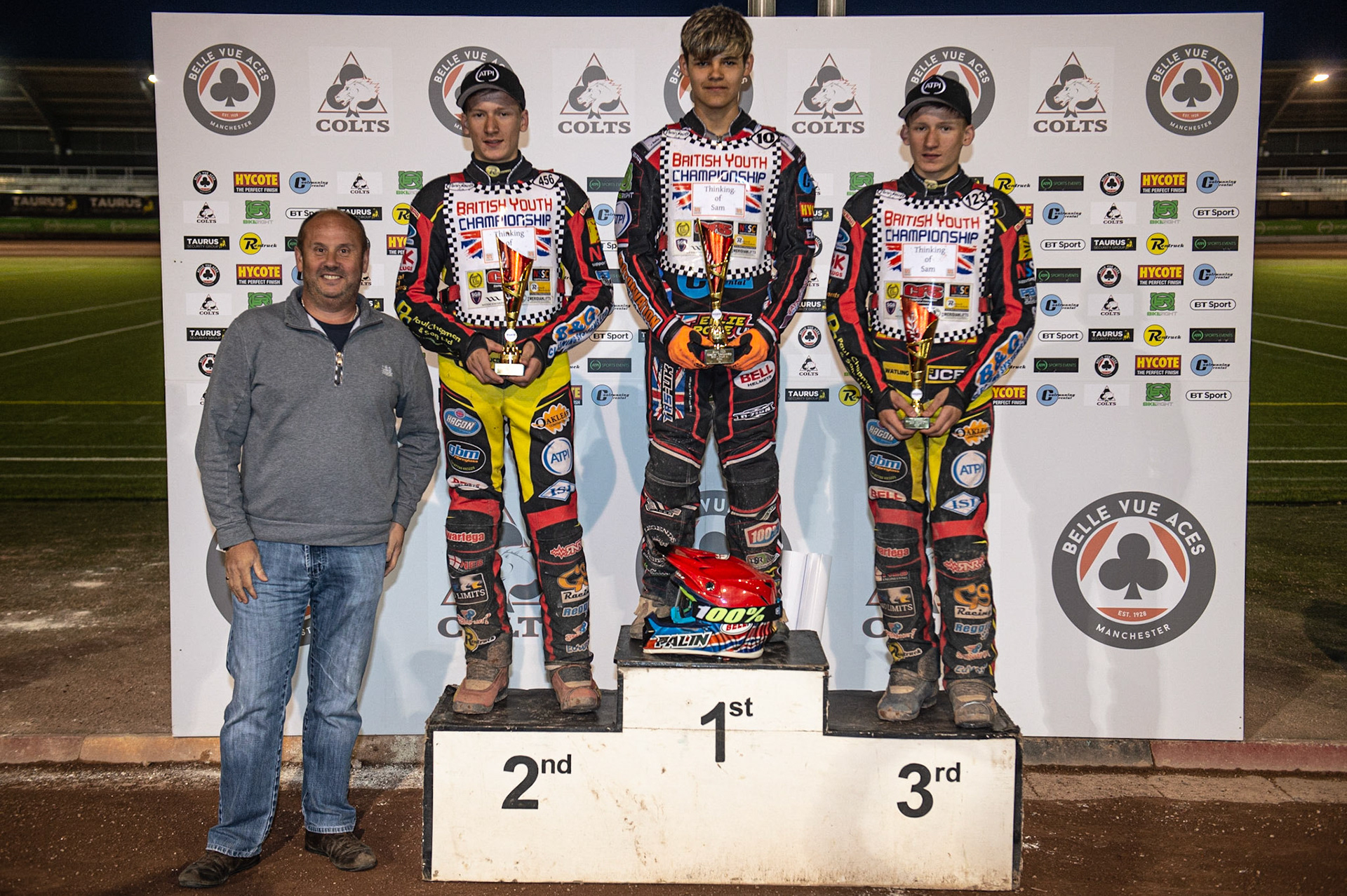 Photo: Ian Charles

500cc Top 3: (l-r) Ricard Cotton (Rentruck), Joe Thompson (2nd), Jordan Palin (1st), Dan Thompson (3rd)

Summer Speed Saturday & British Youth Speedway Championship Round 5, National Speedway Stadium, Manchester, Saturday 22 June 2019