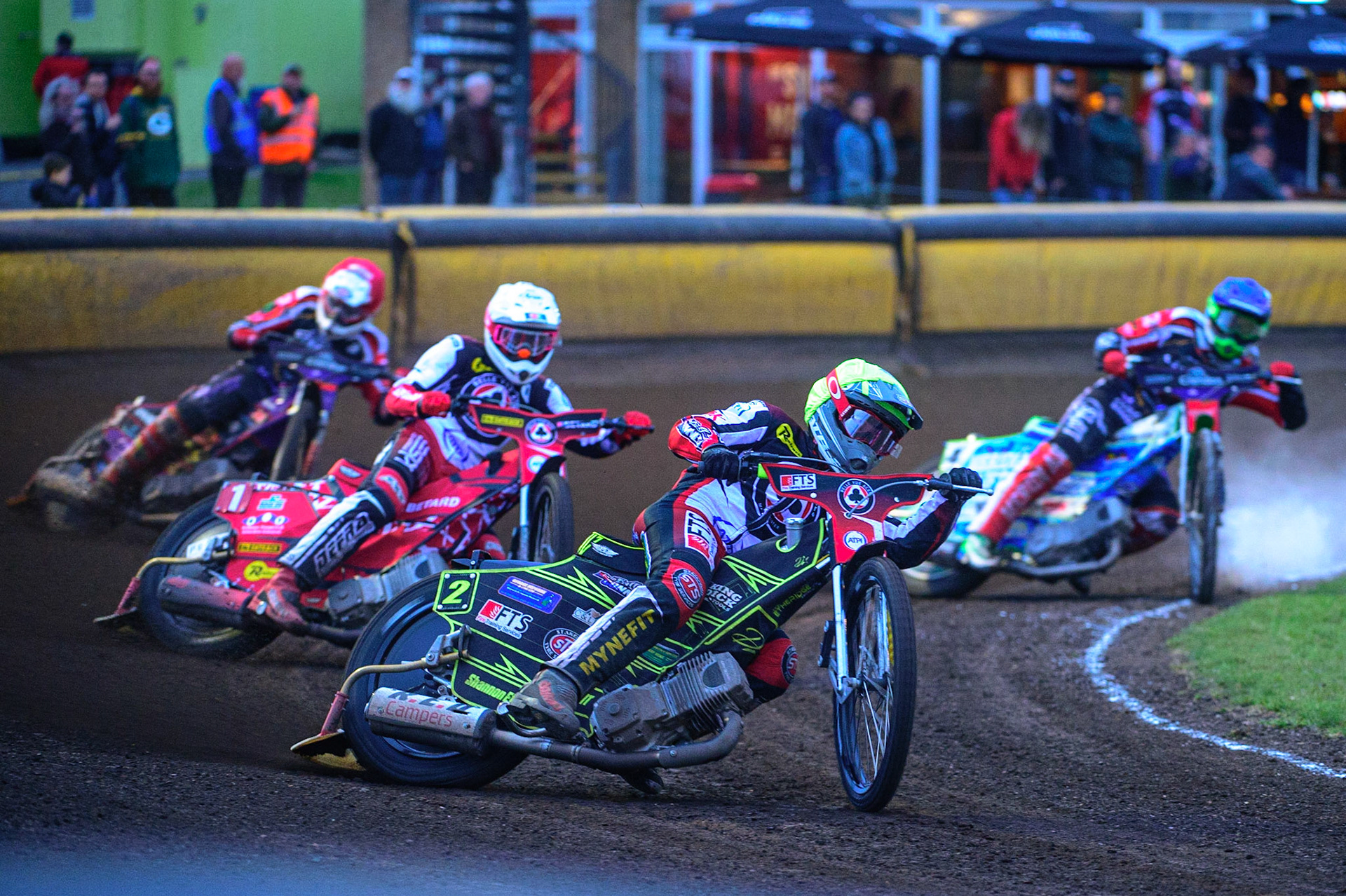 PETERBOROUGH, UK. MAY 9TH  Jye Etheridge  \y\ leads Max Fricke  (White), Ulrich Ostergaard   (Red) and Hans Andersen   (Blue) during the SGB Premiership match between Peterborough Panthers and Belle Vue Aces at East of England Showground, Peterborough on Monday 9th May 2022. (Credit: Ian Charles | MI News)