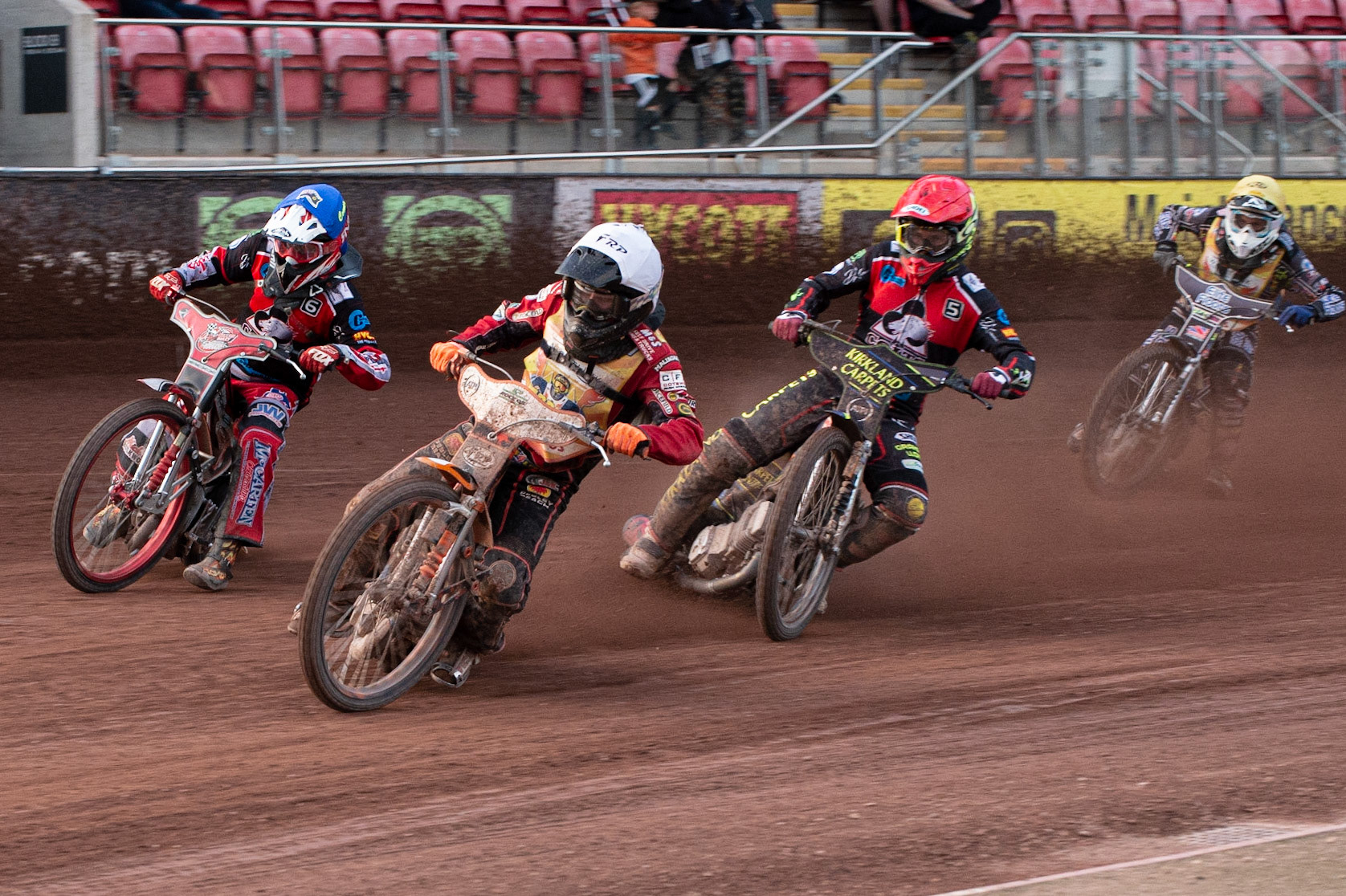 Photo: Ian Charles

Jack Smith  (White) leads Connor Bailey  (Blue) and Kyle Bickley  (Red) with Chad Wirtzfield  (Yellow) behind

Belle Vue Colts v Isle Of Wight Warriors, SGB National League KO Cup Quarter Final 1st Leg, Belle Vue National Speedway Stadium, Manchester, Monday 22  July  2019