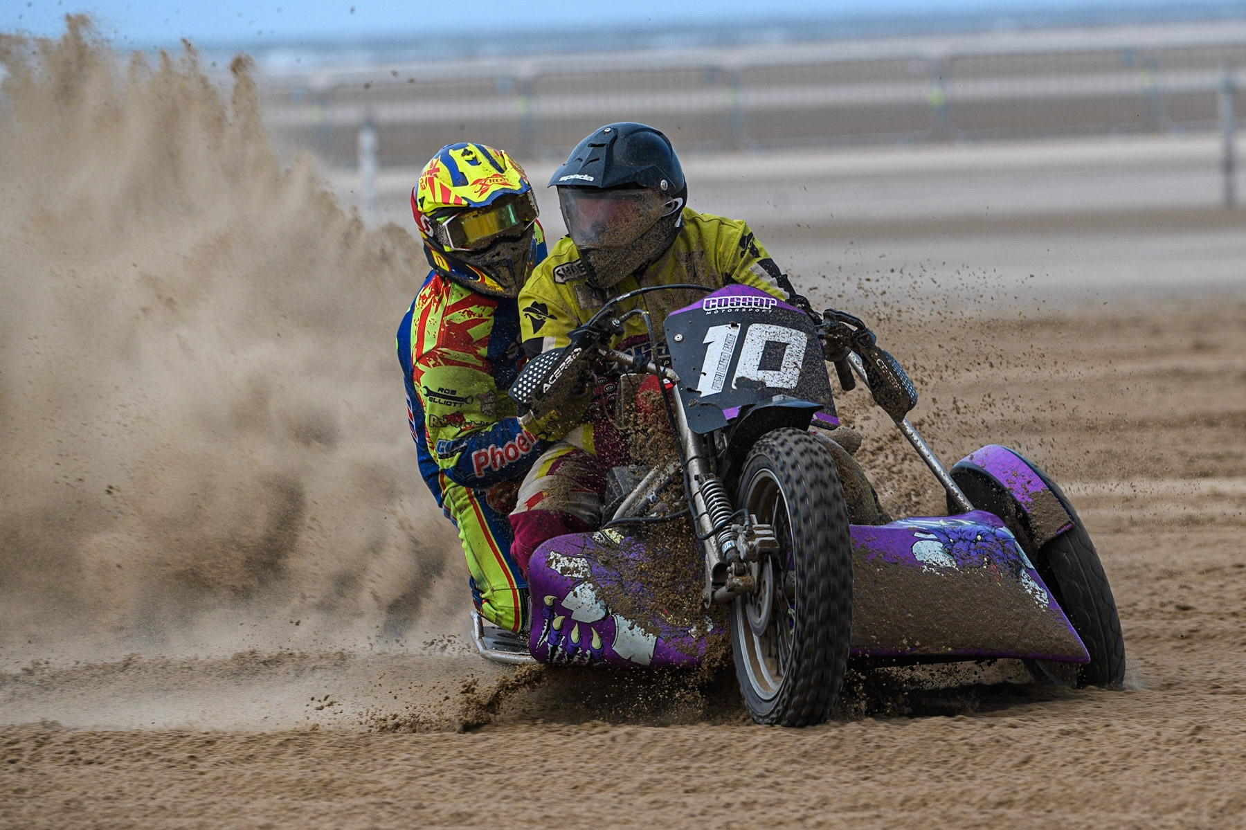 Clint Blondell &amp; Richard Webb (10) in action  during the Fylde ACU British Sand Racing Masters Championship at  St Annes on Sea, Lancashire on Sunday 30th July 2023. (Photo: Ian Charles | MI News)