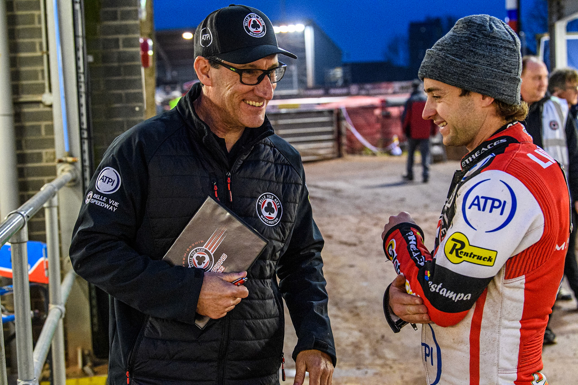 Belle Vue Aces' Team Manager Mark Lemon (Left) chats with Belle Vue Aces' Jaimon Lidsey during the Rowe Motor Oil Premiership match between Belle Vue Aces and Ipswich Witches at the National Speedway Stadium, Manchester on Monday 22nd April 2024. (Photo: Ian Charles | MI News)