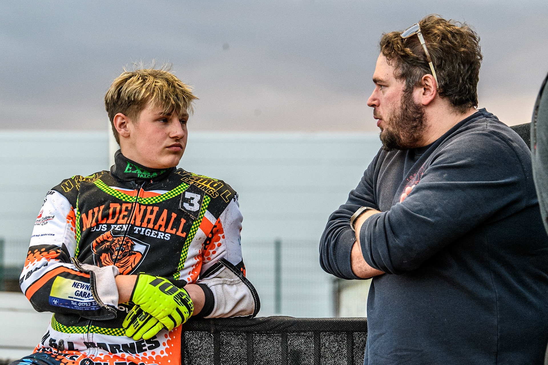 Ben Trigger (left) chats with off duty referee Seth Perkins during the National Development League match between Belle Vue Colts and Mildenhall Fens Tigers at the National Speedway Stadium, Manchester on Friday 26th May 2023. (Photo: Ian Charles | MI News)