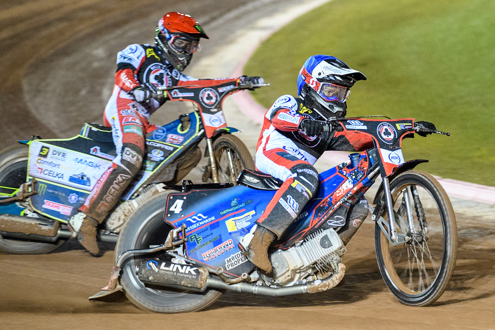 Belle Vue Aces' Ben Cook  in Blue leading team mate Jaimon Lidsey in Red during the Rowe Motor Oil Premiership Play Off Semi Final 2, 1st Leg match between Belle Vue Aces and Sheffield Tigers at the National Speedway Stadium, Manchester on Monday 16th September 2024. (Photo: Ian Charles | MI News)
