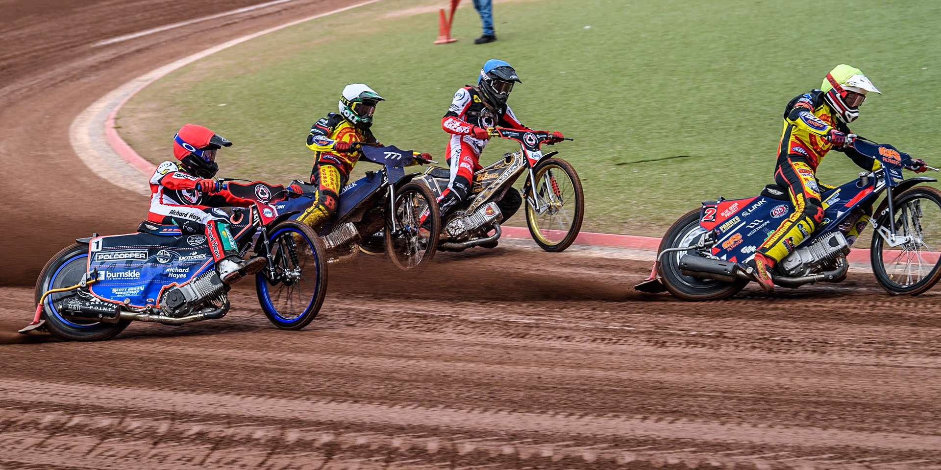 Birmingham Brummies' Steve Worrall  in Yellow leading Belle Vue Aces' Brady Kurtz  in Red, Birmingham Brummies' Piotr Pawlicki  in White and Belle Vue Aces' Norick Blödorn  in Blue during the Rowe Motor Oil Premiership match between Belle Vue Aces and Birmingham Brummies at the National Speedway Stadium, Manchester on Monday 6th May 2024. (Photo: Ian Charles | MI News)