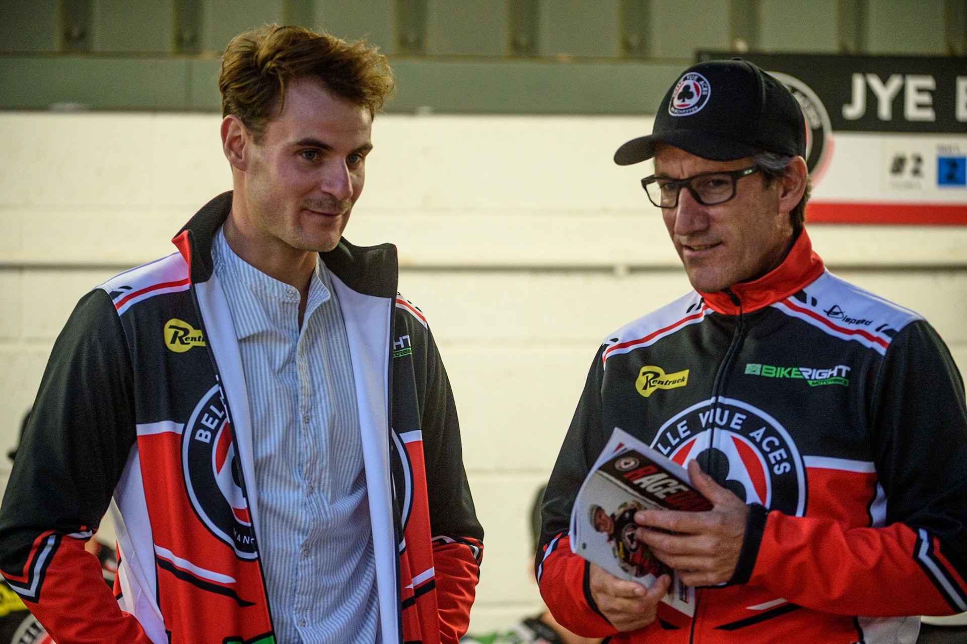 MANCHESTER, UK. SEPT 13TH  Belle Vue Bikeright Aces injured rider Richie Worrall (left) with Mark Lemon  during the SGB Premiership match between Belle Vue Aces and King's Lynn Stars at the National Speedway Stadium, Manchester on Monday 13th September 2021. (Credit: Ian Charles | MI News)
