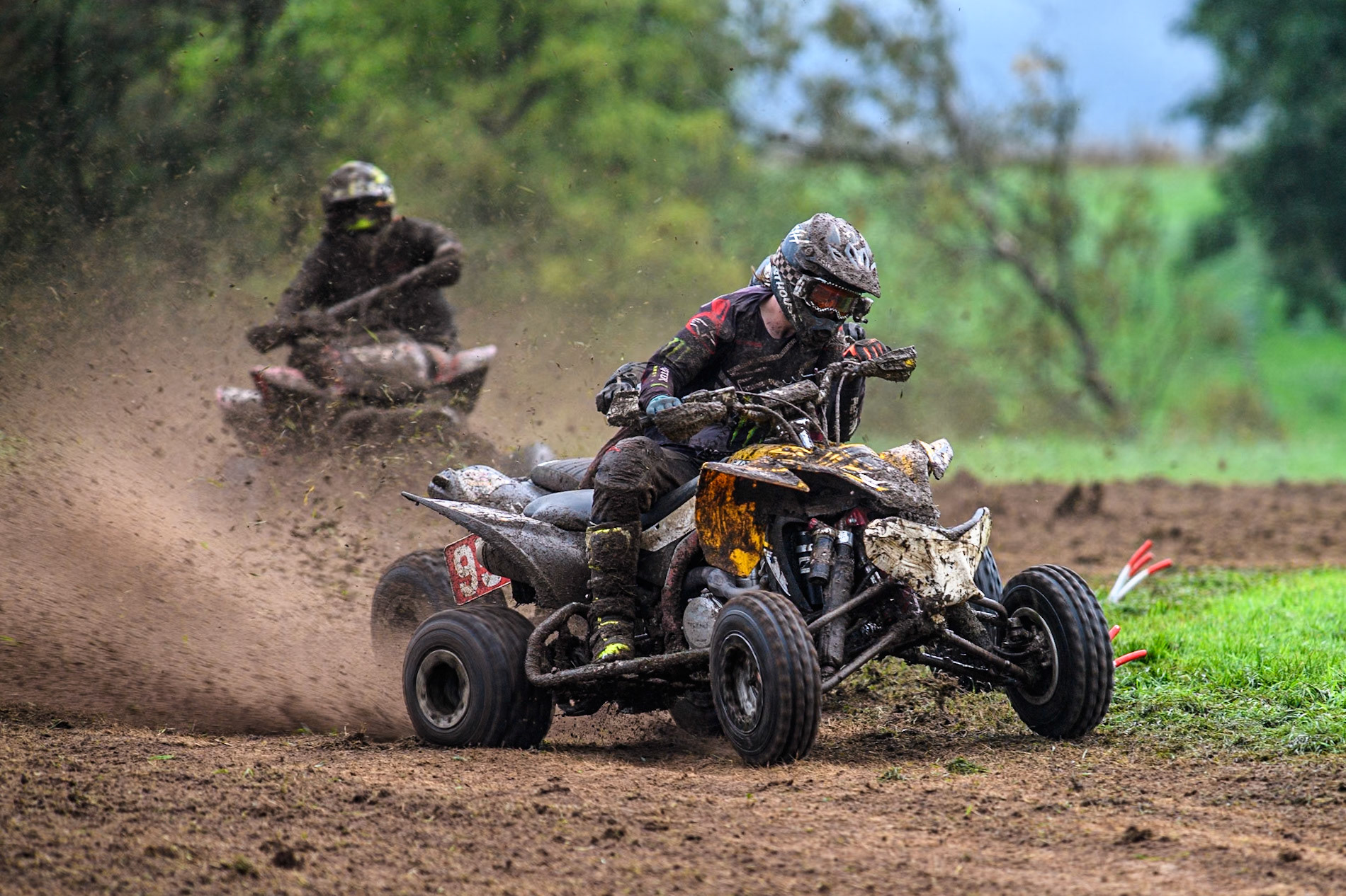 Iestyn Rees (95) leading Ethan Williams (57)  and Dean Morford (3) in the Quad Class during the ACU British Upright Championships at Woodhouse Lance, Gawsworth, Cheshire on Sunday 8th September 2024. (Photo: Ian Charles | MI News)